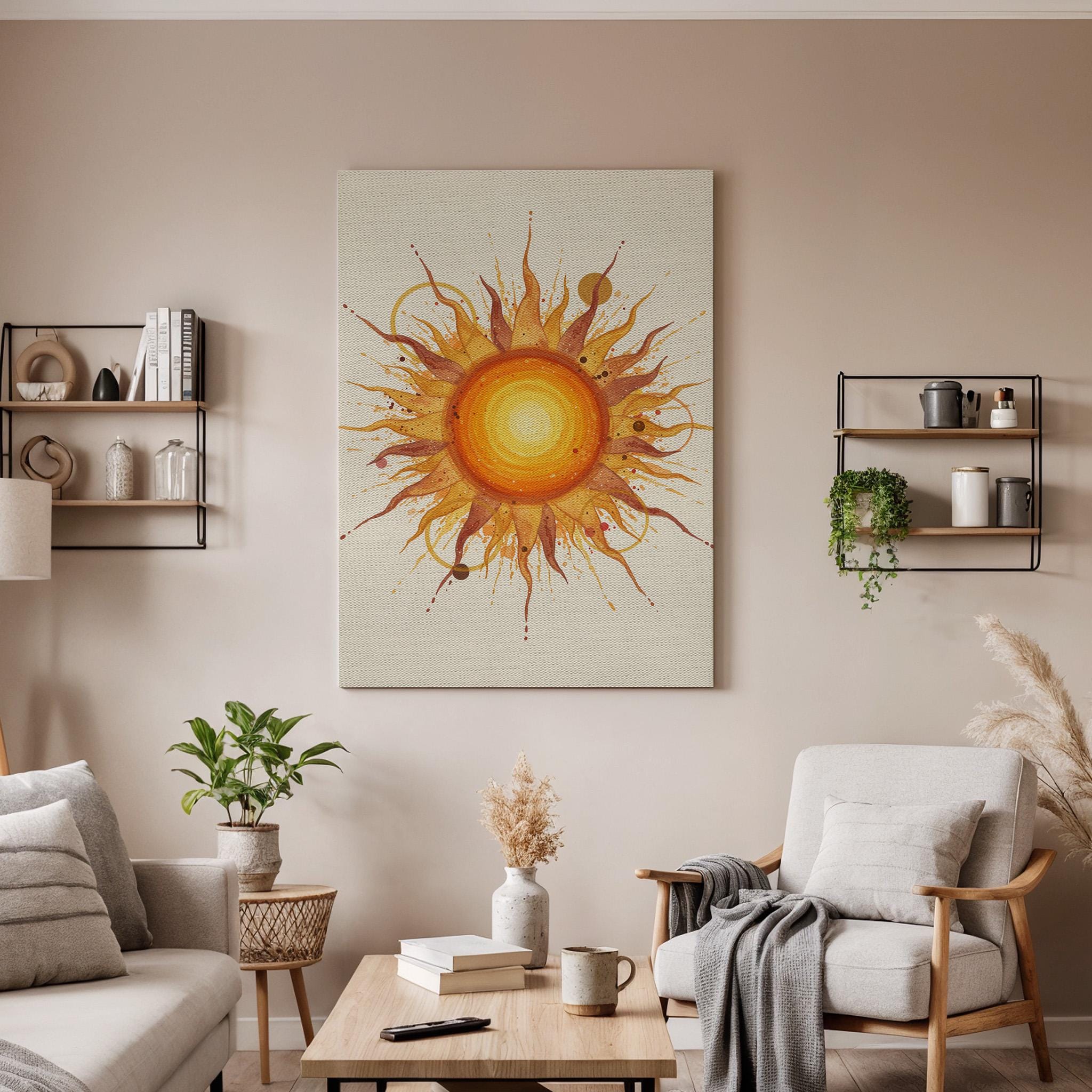 Boho Sun Canvas Wall Art Framed, Warm Abstract Yellow Orange Print, Modern Bedroom Living Room Positive Decor, Spiritual Celestial Artwork