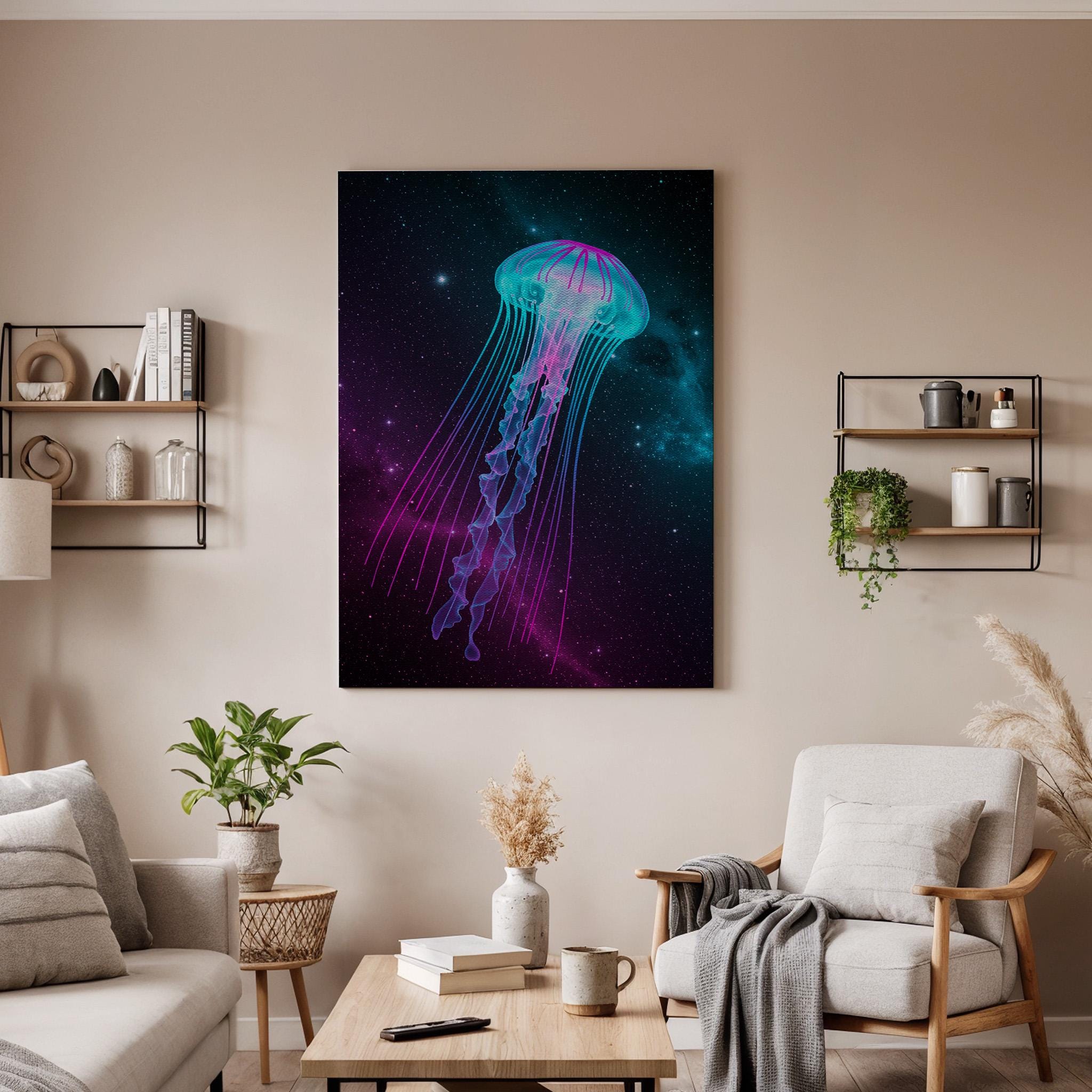 Neon Jellyfish Canvas Wall Art Framed, Cosmic Purple Teal Space Print, Modern Abstract Nautical Decor, Luxury Living Room Bedroom Artwork