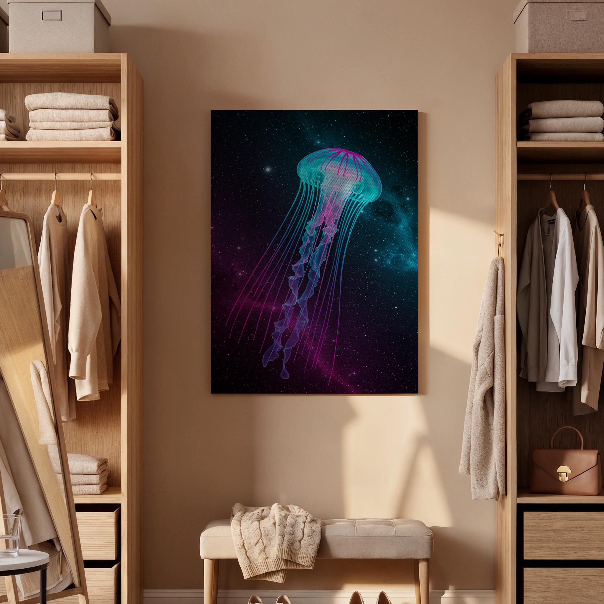 Neon Jellyfish Canvas Wall Art Framed, Cosmic Purple Teal Space Print, Modern Abstract Nautical Decor, Luxury Living Room Bedroom Artwork