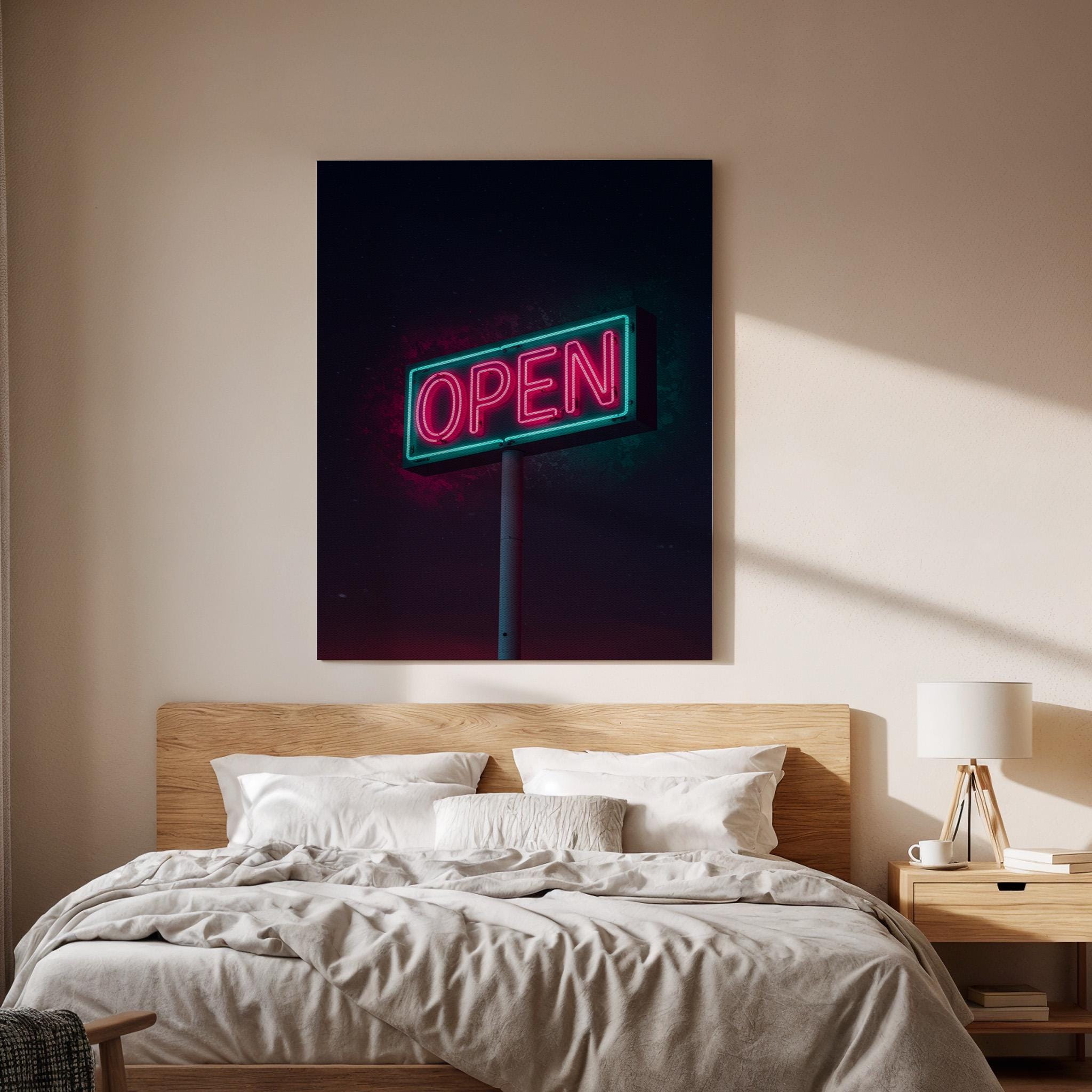 Neon Open Sign Canvas Wall Art Framed, Pink Green Retro Modern Print, Urban Industrial Bar Cafe Decor, Luxury Living Room Office Artwork