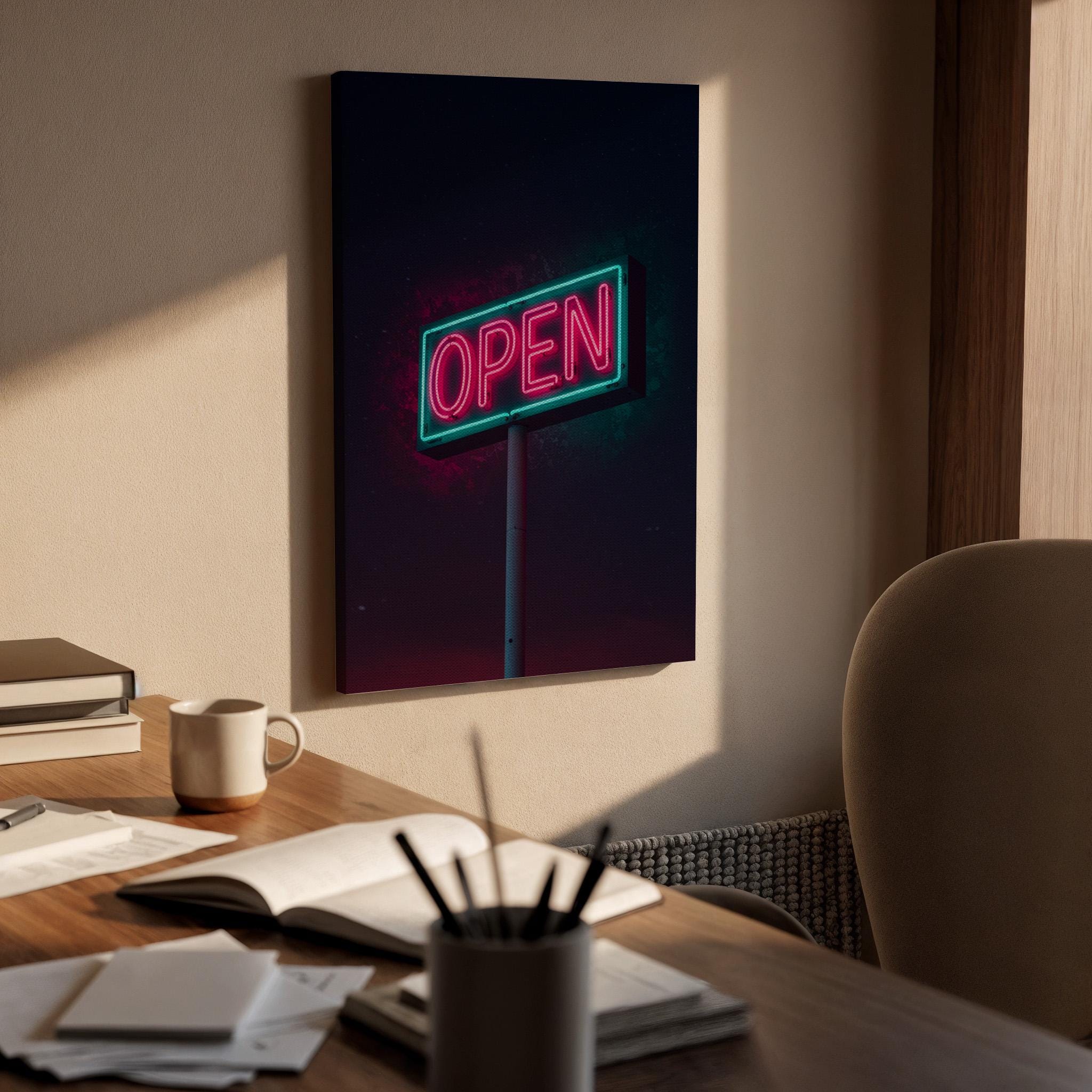 Neon Open Sign Canvas Wall Art Framed, Pink Green Retro Modern Print, Urban Industrial Bar Cafe Decor, Luxury Living Room Office Artwork