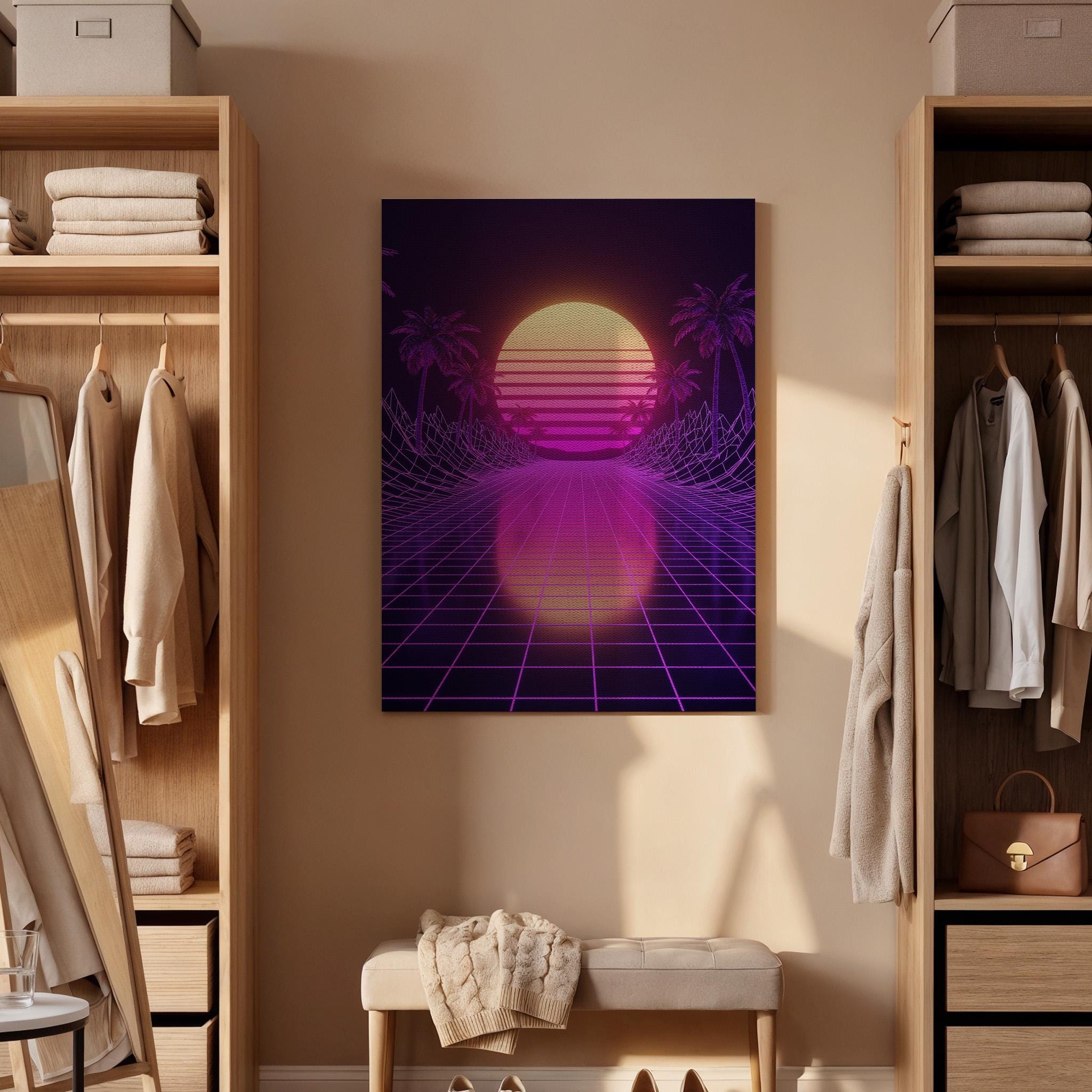 Vaporwave Synthwave Sunset Canvas Wall Art, Framed Neon 80s Aesthetic Print, Retro Grid Palm Tree Poster for Studio, Game Room or Bedroom