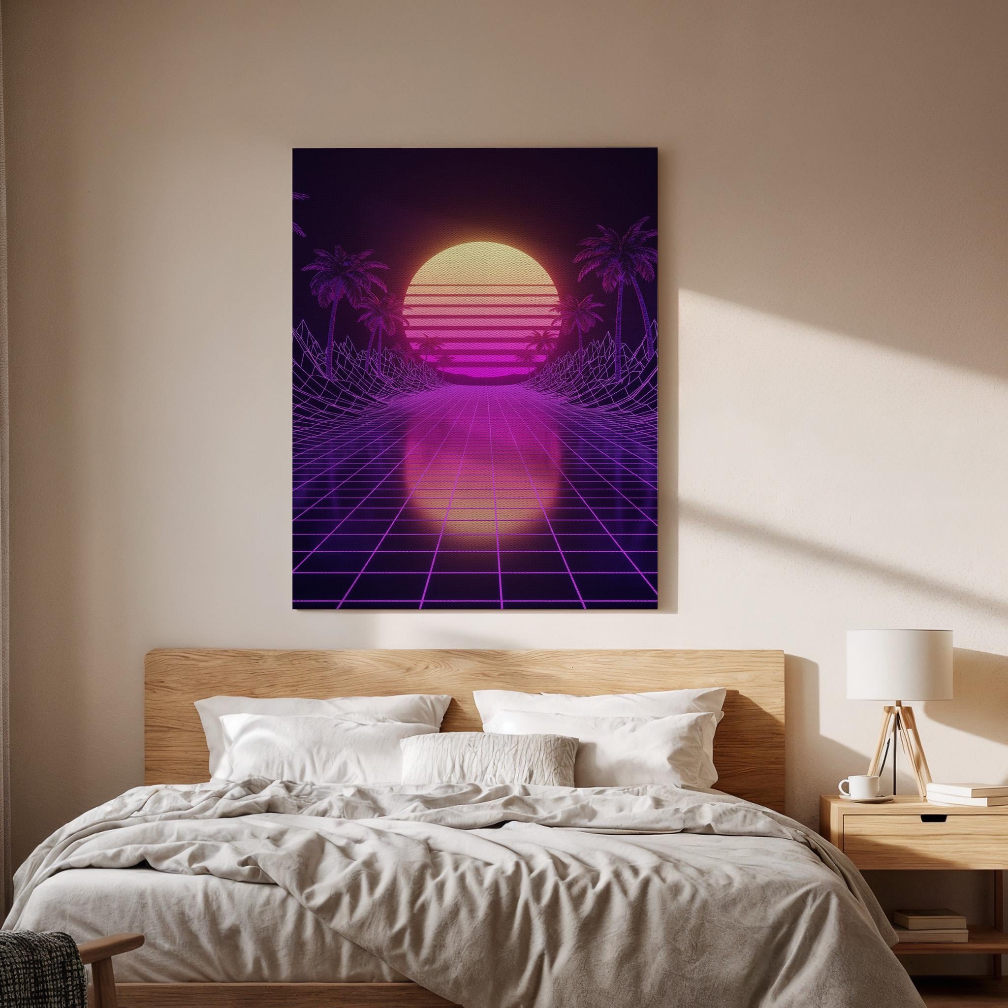 Vaporwave Synthwave Sunset Canvas Wall Art, Framed Neon 80s Aesthetic Print, Retro Grid Palm Tree Poster for Studio, Game Room or Bedroom