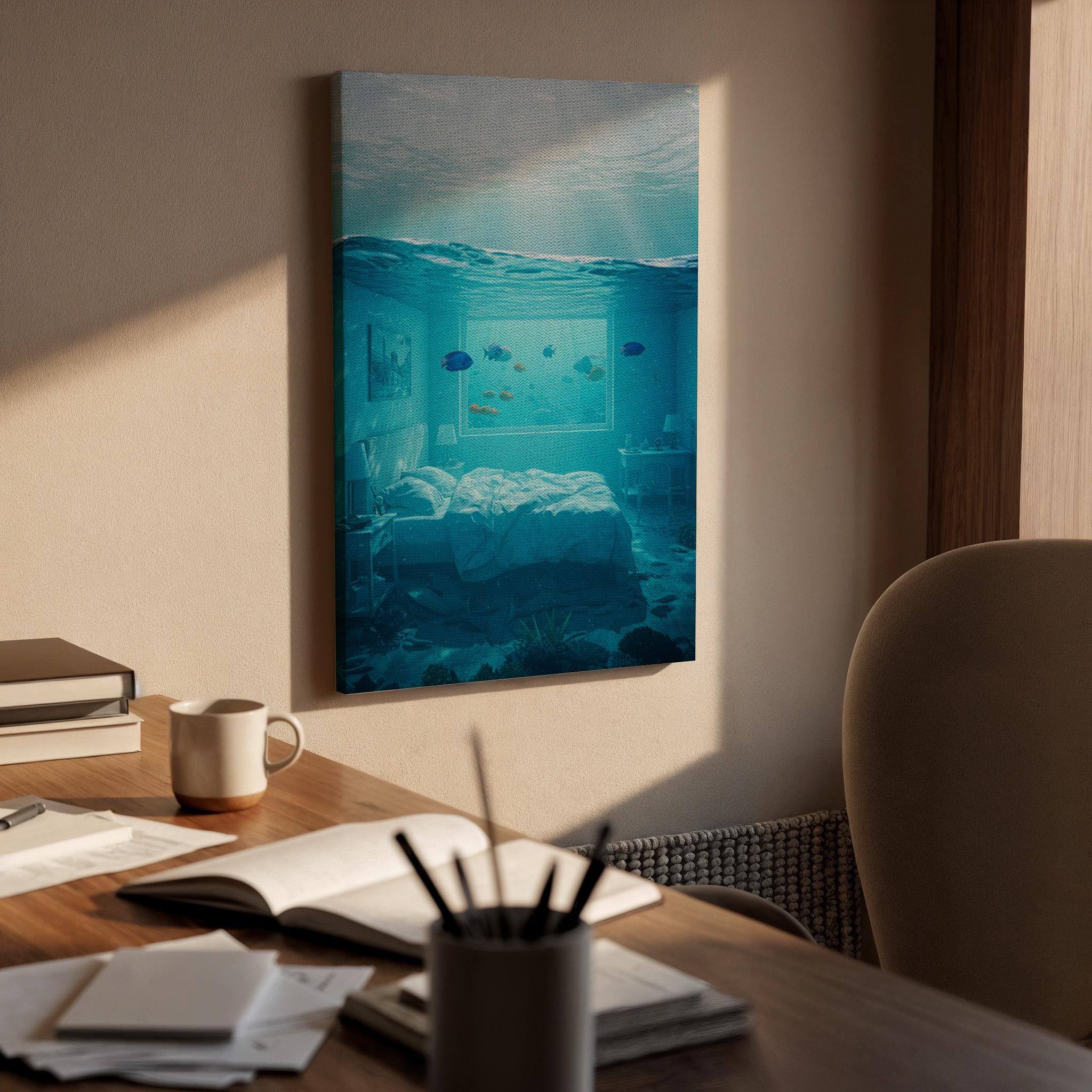 Underwater Bedroom Canvas Wall Art, Surreal Ocean Dream Print, Framed Fantasy Aquarium Decor for Modern Home, Living Room or Studio