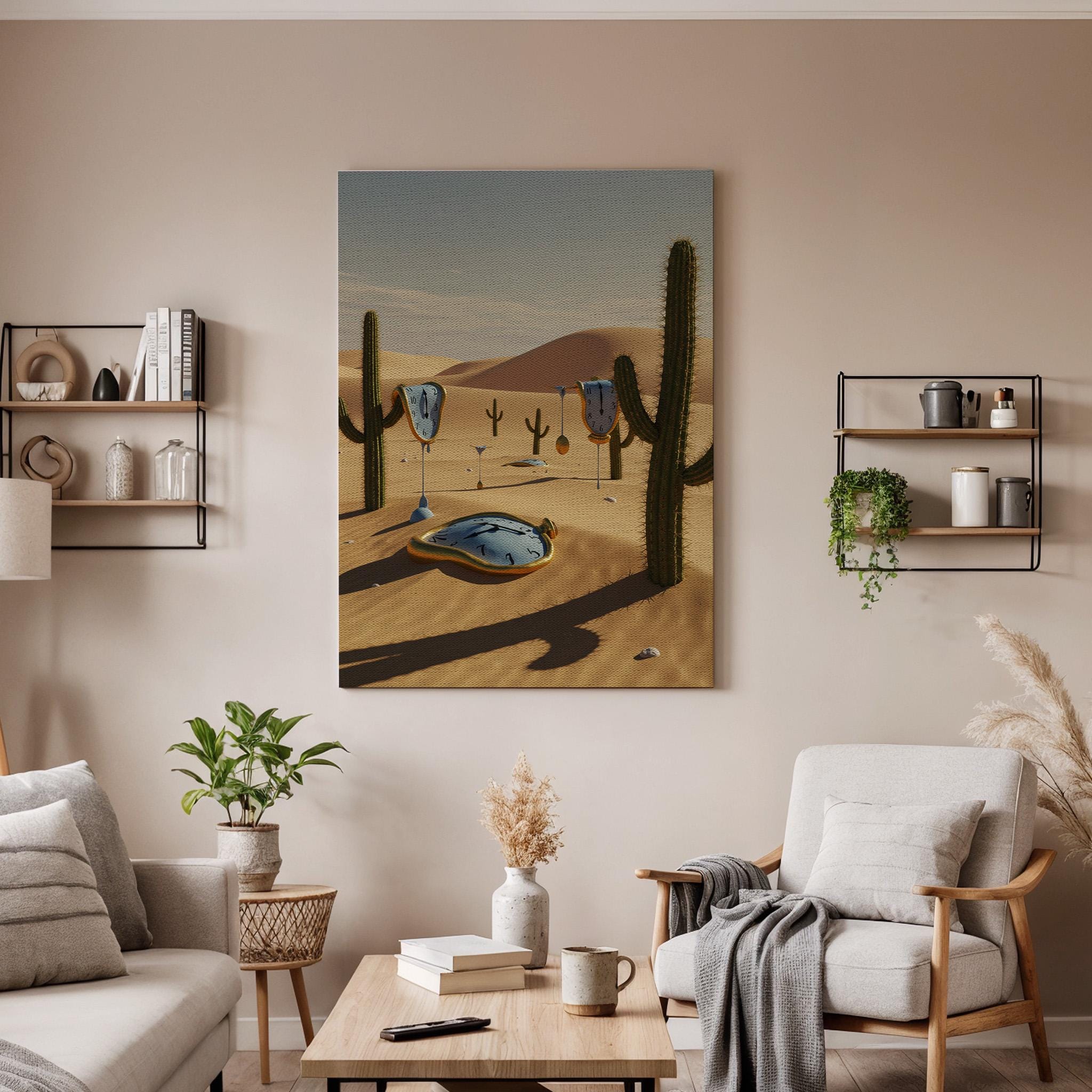 Surreal Desert Melting Clock Canvas Wall Art, Dreamlike Time Print, Framed Fantasy Landscape Decor for Living Room, Study or Office