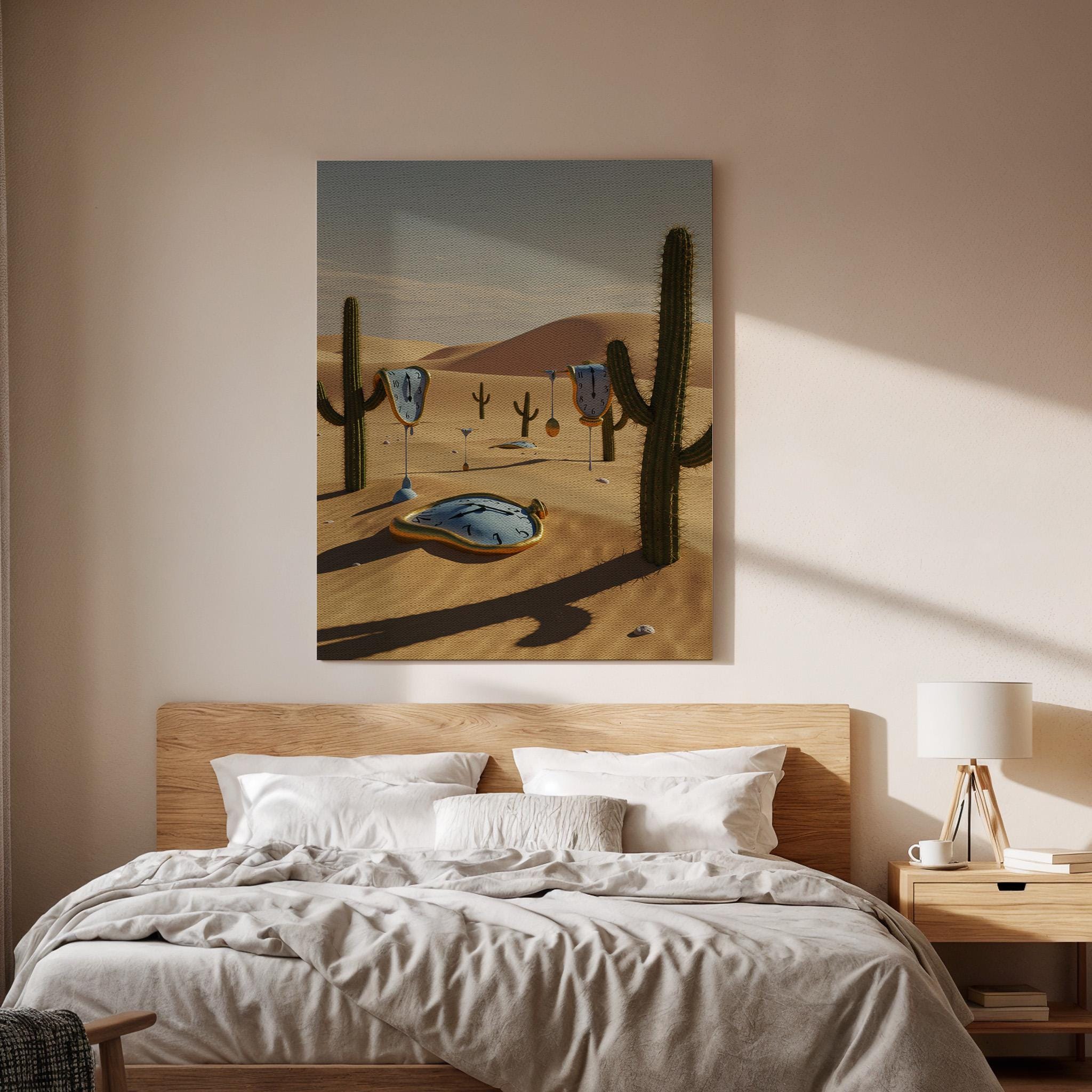 Surreal Desert Melting Clock Canvas Wall Art, Dreamlike Time Print, Framed Fantasy Landscape Decor for Living Room, Study or Office
