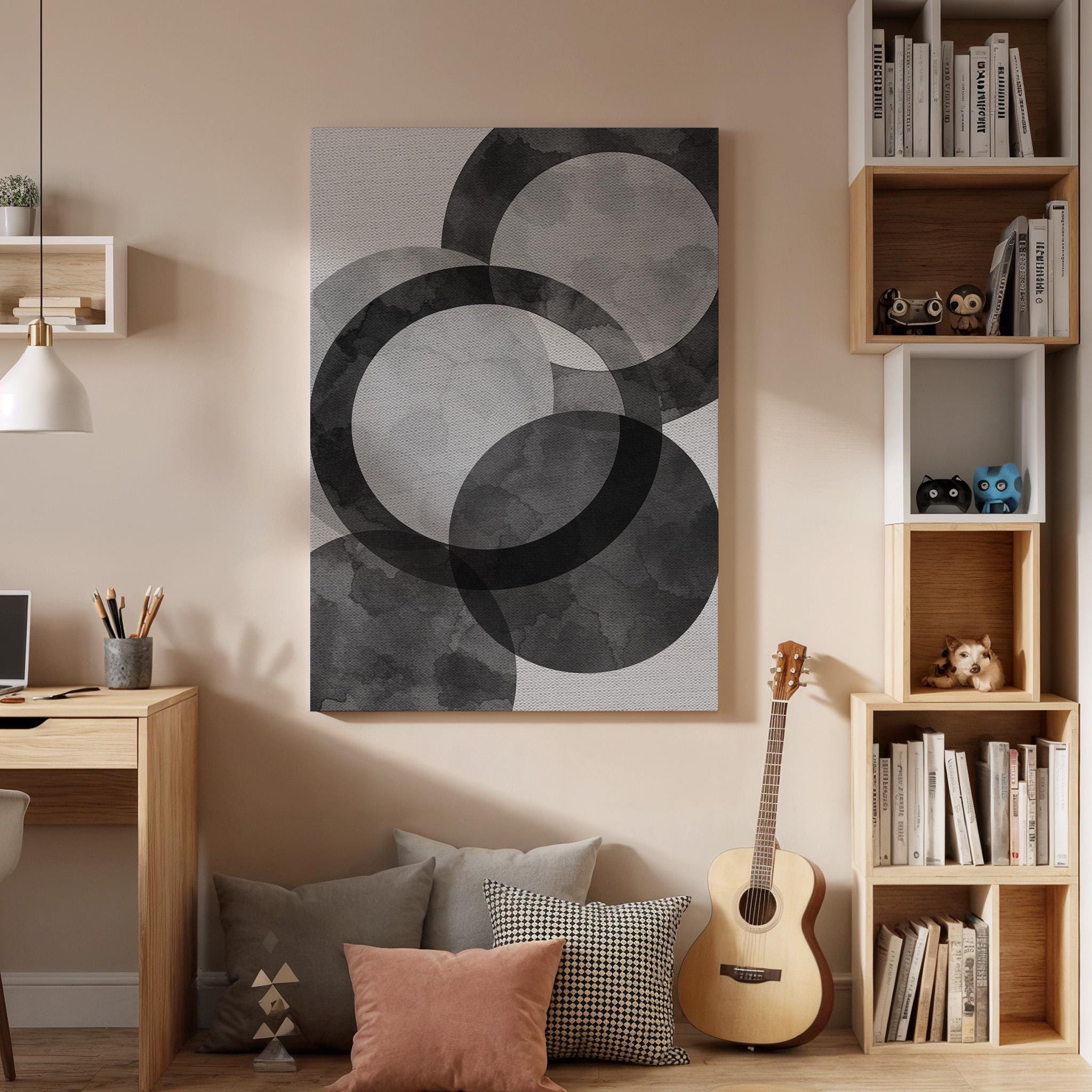 Abstract Black Gray Geometric Canvas Wall Art, Minimal Circle Print, Framed Neutral Contemporary Decor for Living Room, Bedroom or Office