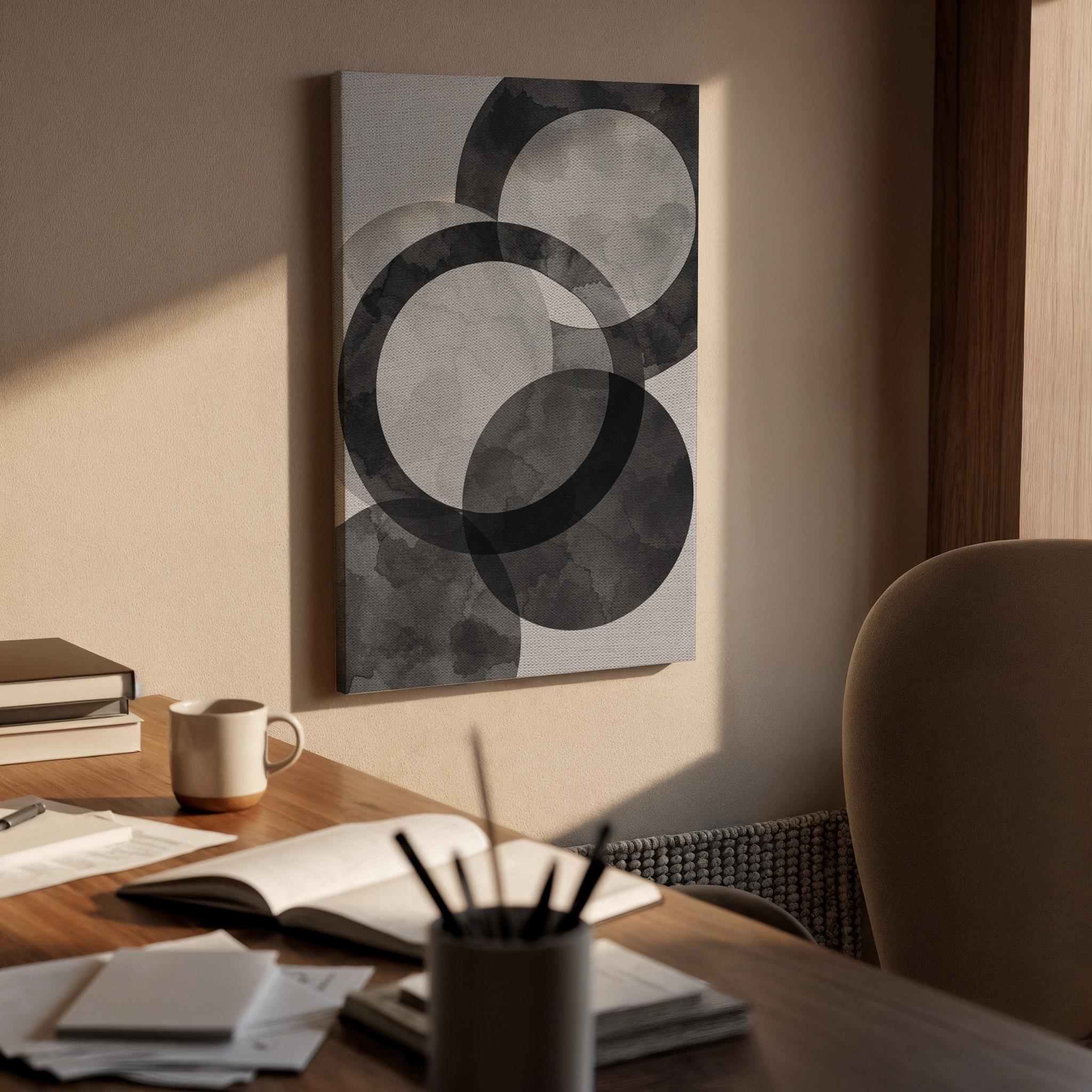 Abstract Black Gray Geometric Canvas Wall Art, Minimal Circle Print, Framed Neutral Contemporary Decor for Living Room, Bedroom or Office