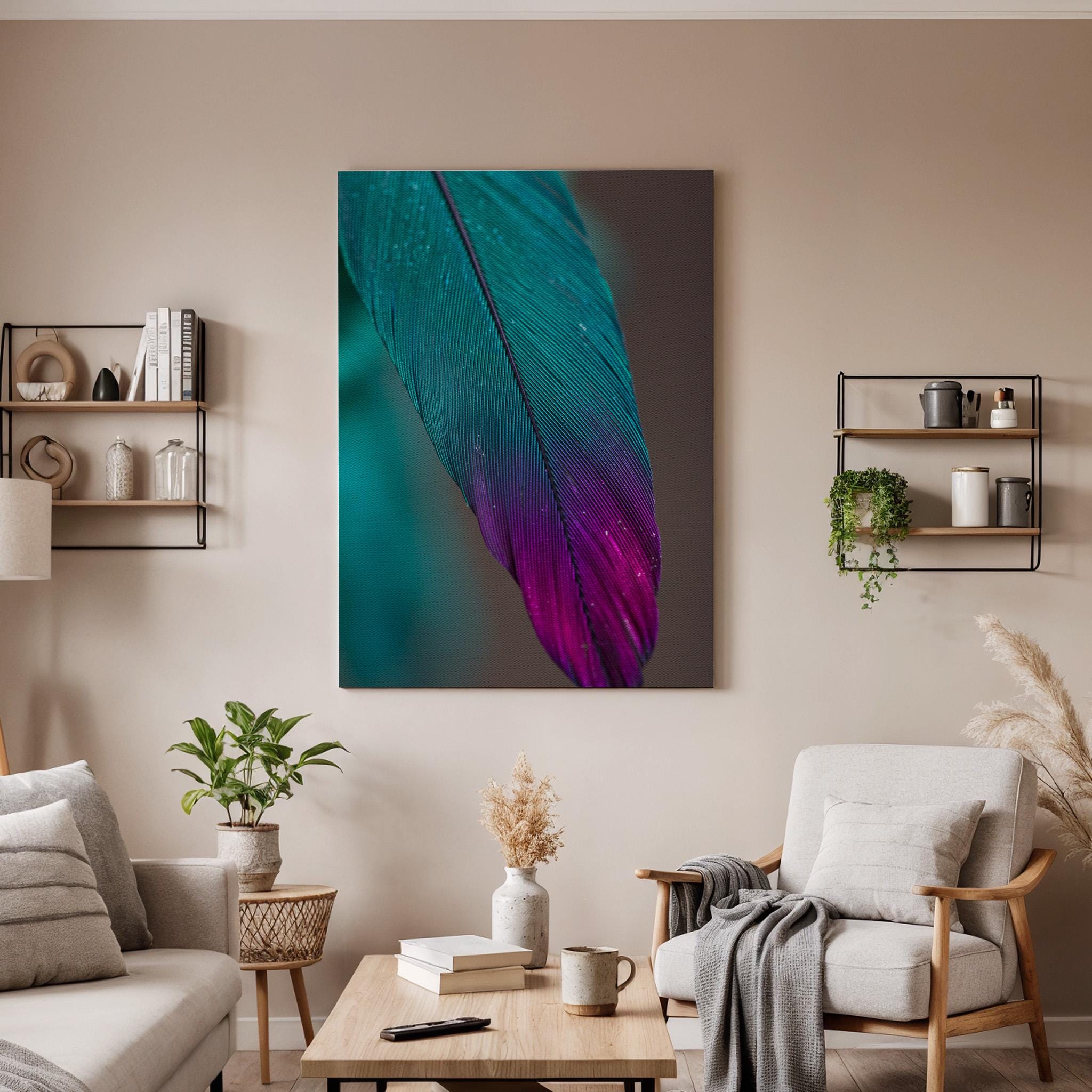 Teal Purple Feather Canvas Wall Art Framed, Modern Abstract Nature Print, Minimalist Bedroom Living Room Decor, Elegant Wall Artwork