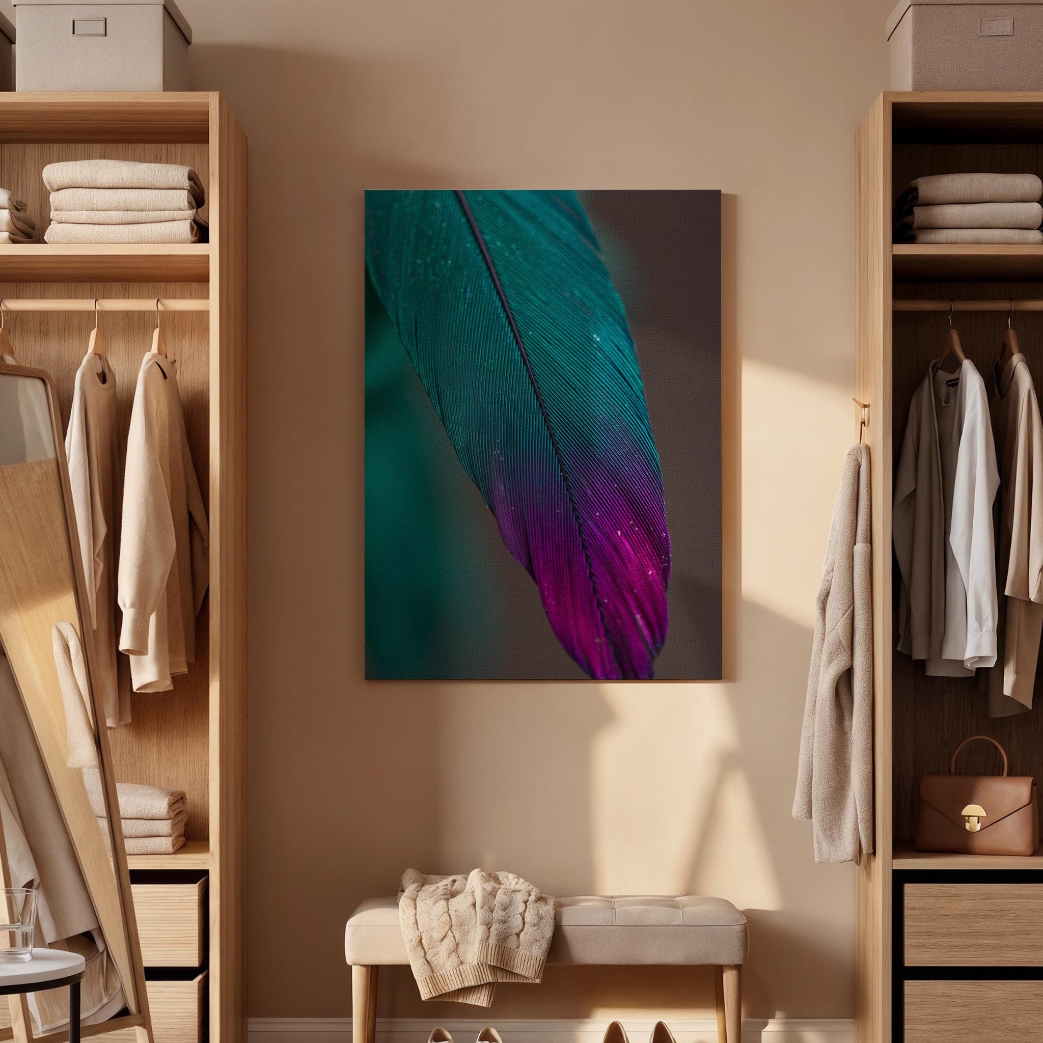 Teal Purple Feather Canvas Wall Art Framed, Modern Abstract Nature Print, Minimalist Bedroom Living Room Decor, Elegant Wall Artwork