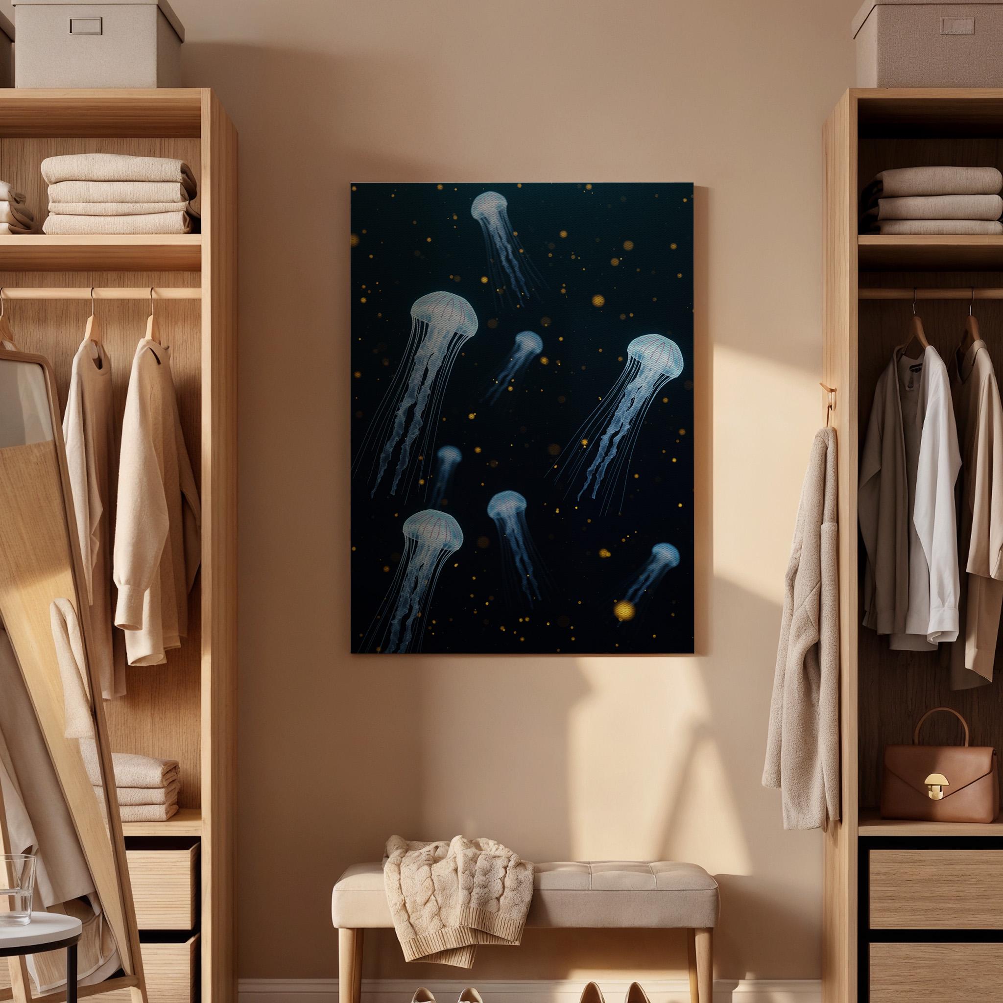 Blue Jellyfish Canvas Print, Modern Ocean Wall Art, Gold Lights