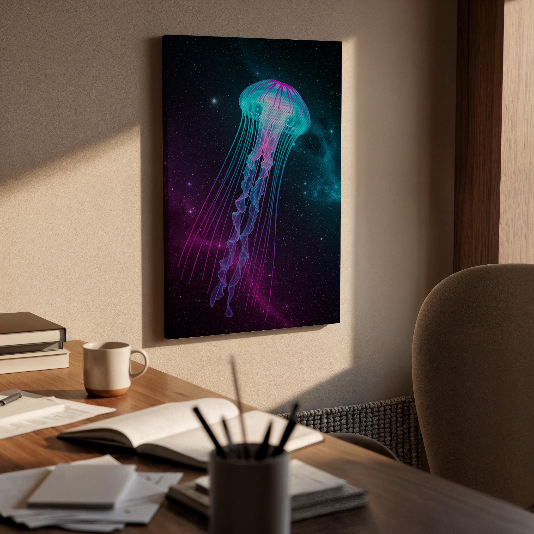 Neon Jellyfish Canvas Wall Art Framed, Cosmic Purple Teal Space Print, Modern Abstract Nautical Decor, Luxury Living Room Bedroom Artwork
