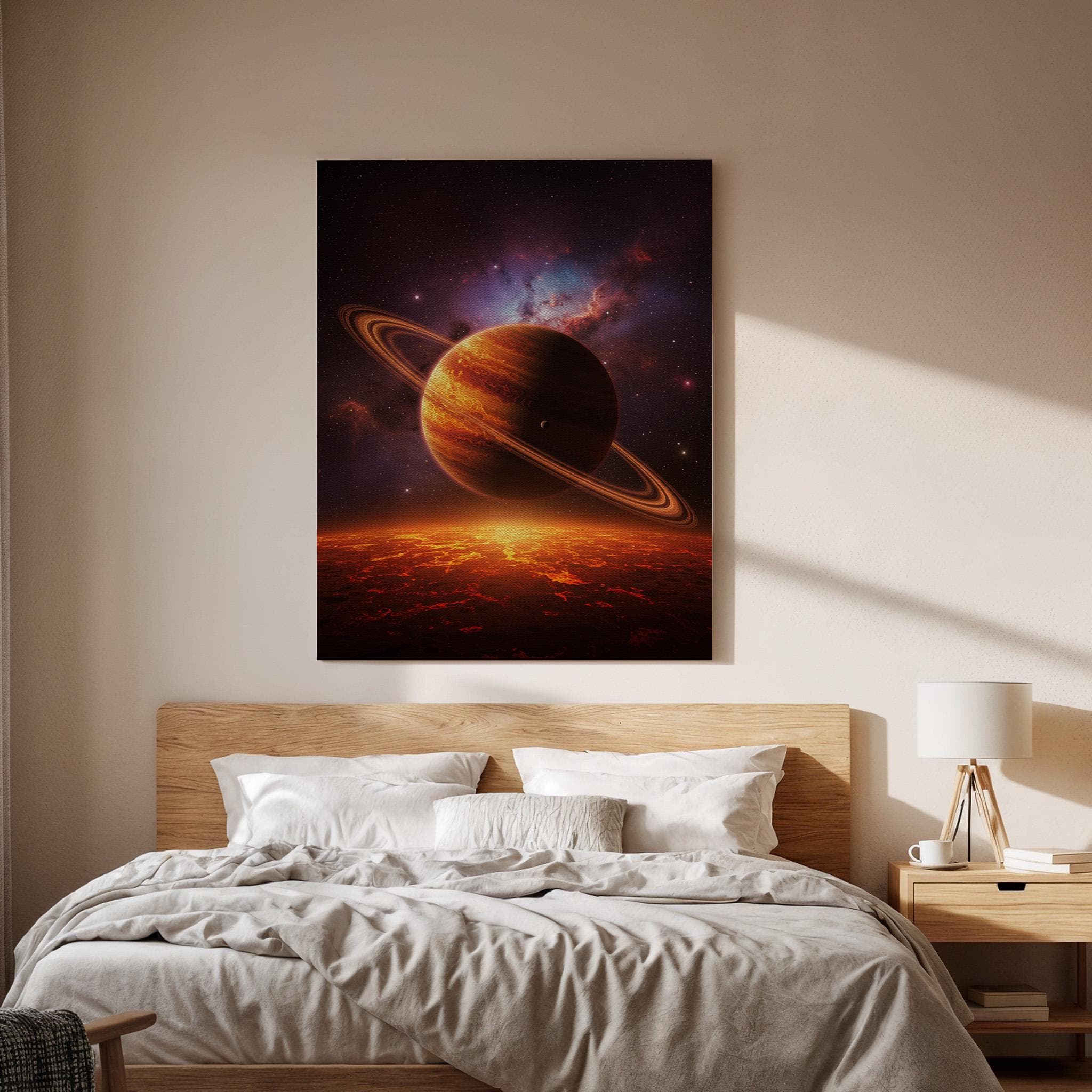 Ringed Planet Space Canvas Wall Art, Fiery Cosmic Galaxy Print, Sci Fi Astronomical Framed Decor for Bedroom, Living Room, Office or Studio