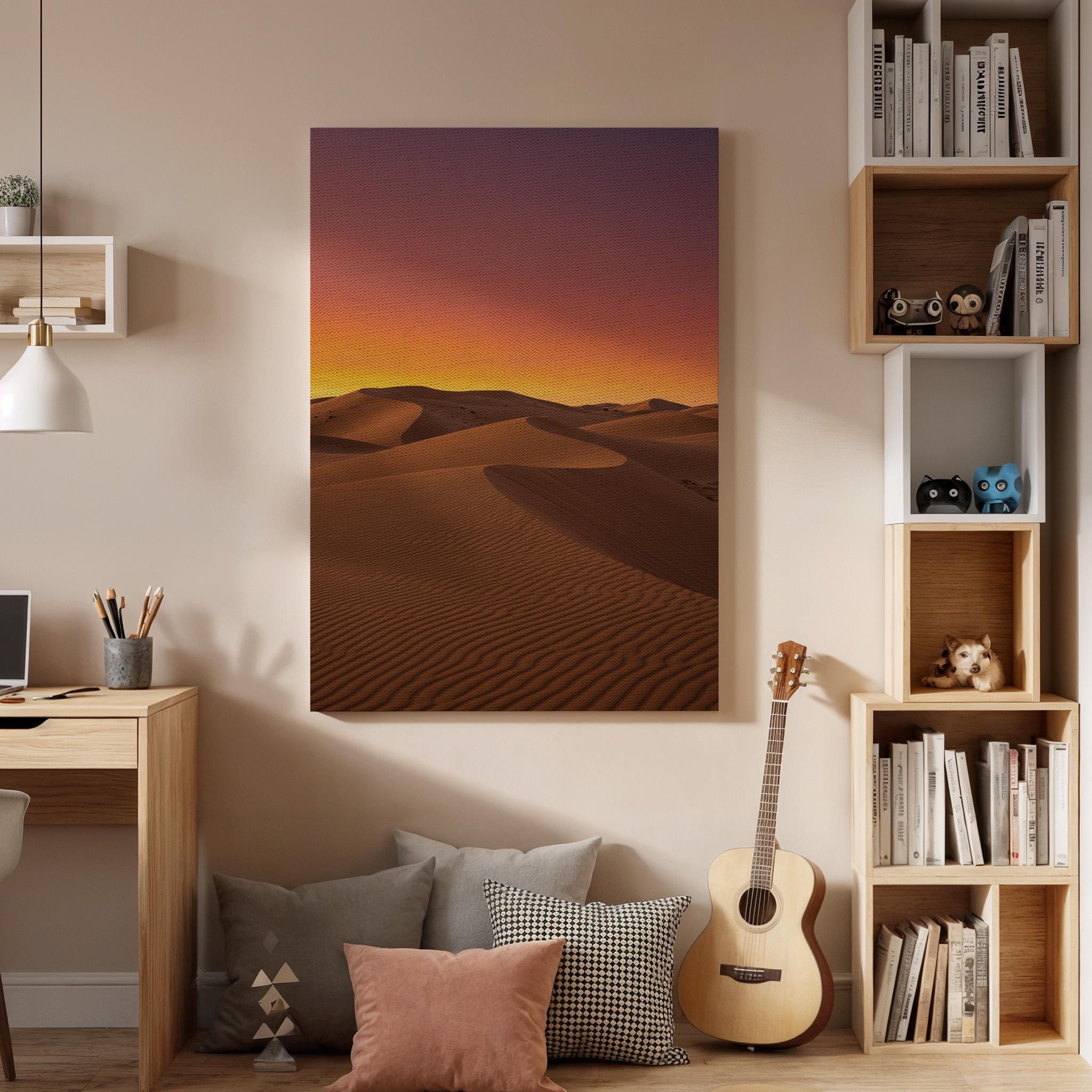 Desert Sunset Canvas Wall Art Framed, Golden Sand Dunes Landscape Print, Warm Minimal Nature Photography for Living Room, Bedroom or Office