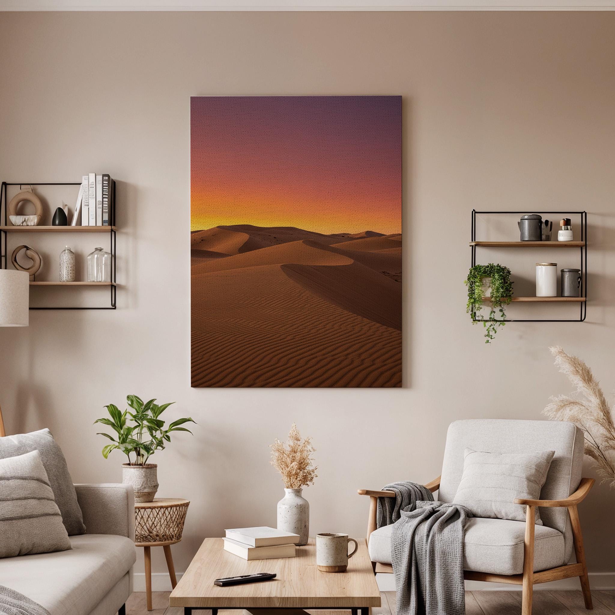 Desert Sunset Canvas Wall Art Framed, Golden Sand Dunes Landscape Print, Warm Minimal Nature Photography for Living Room, Bedroom or Office