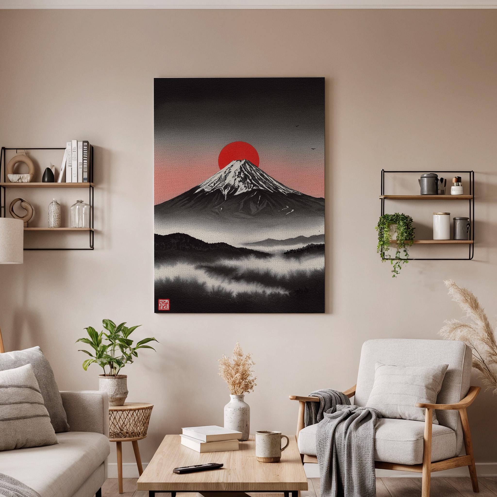 Japanese Mount Fuji Canvas Wall Art Framed, Red Sun Minimal Landscape Print, Zen Asian Nature Decor for Living Room, Meditation Space