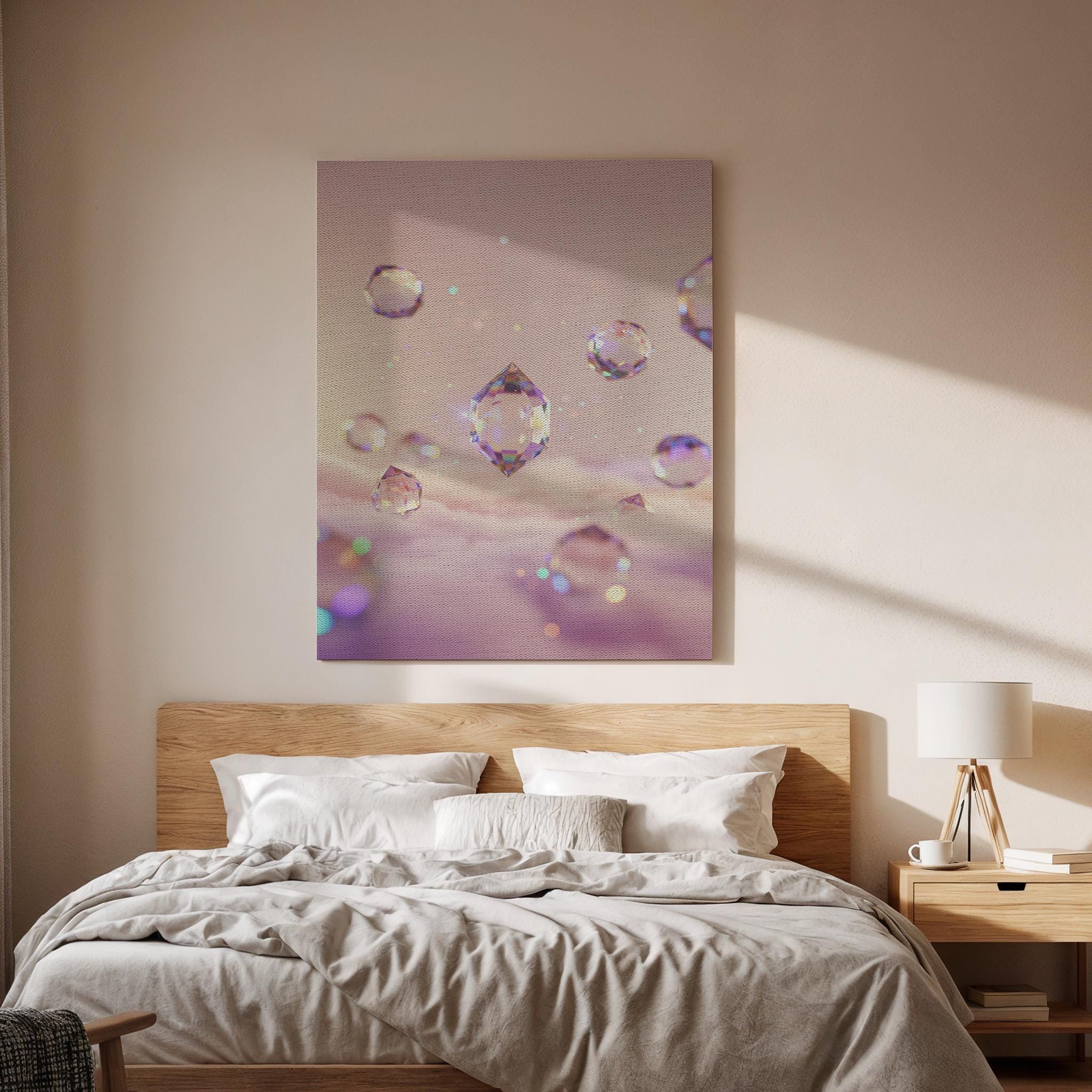 Crystal Drop Canvas Wall Art, Dreamy Pink Cloud Print, Sparkle Pastel Decor, Framed Fantasy Artwork for Girl Bedroom or Meditation Corner