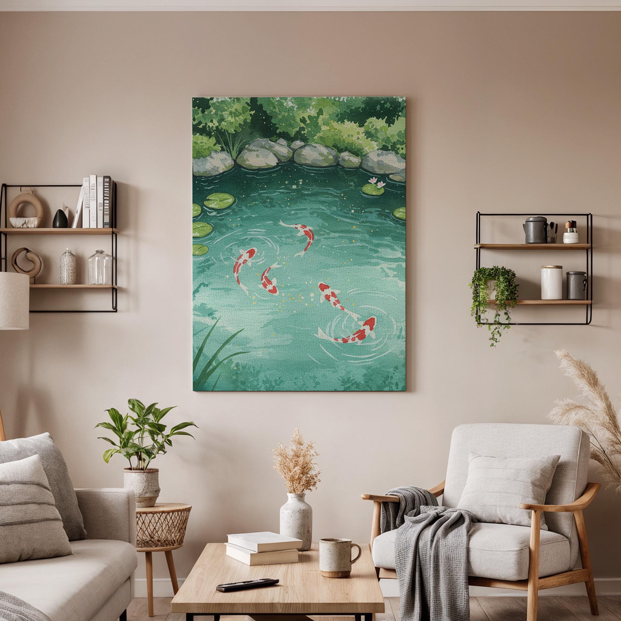 Koi Fish Pond Canvas Wall Art, Zen Nature Print for Home, Framed Serene Lake Scene, Japanese Garden Artwork for Bedroom or Meditation