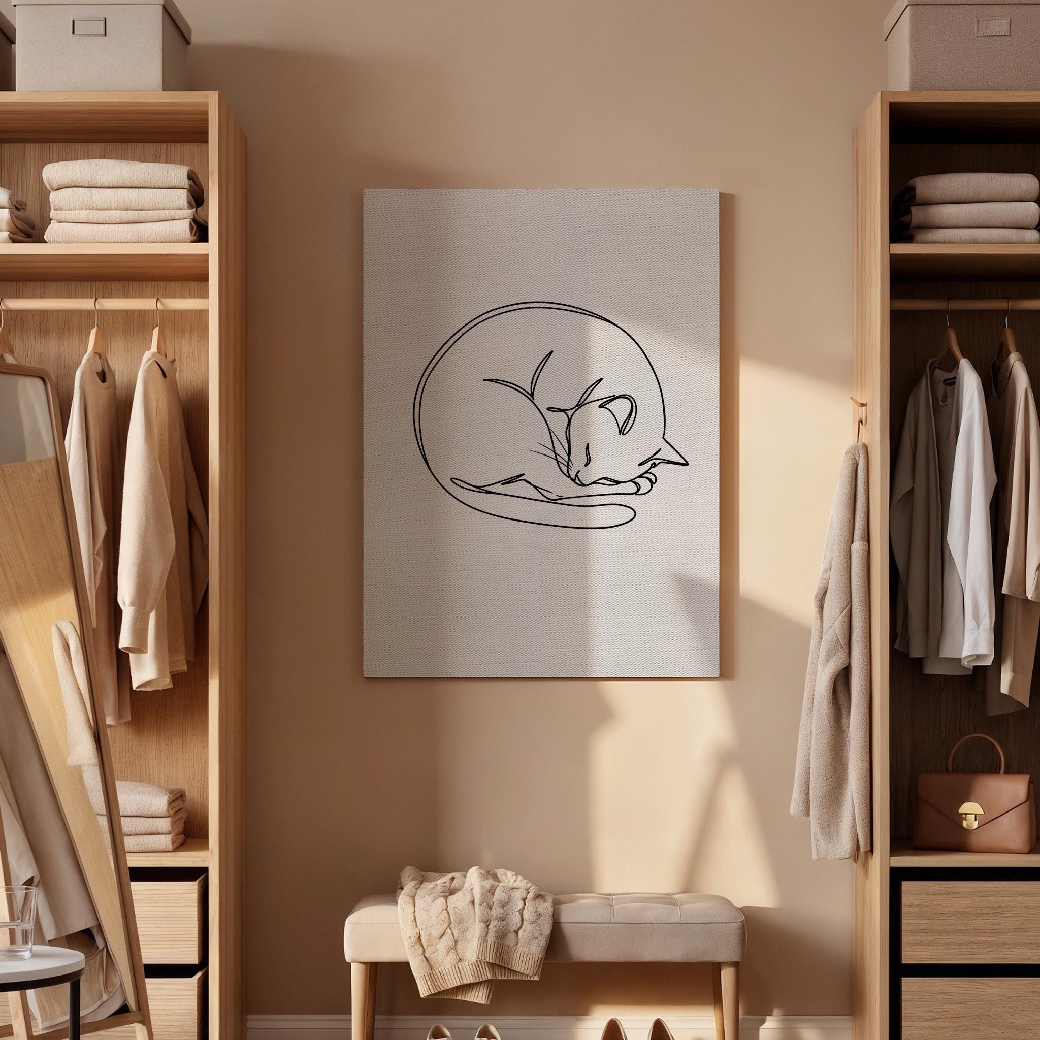 Sleeping Cat Line Art Canvas, Minimalist Pet Illustration Print, Framed Modern Black and White Animal Wall Decor for Bedroom or Office