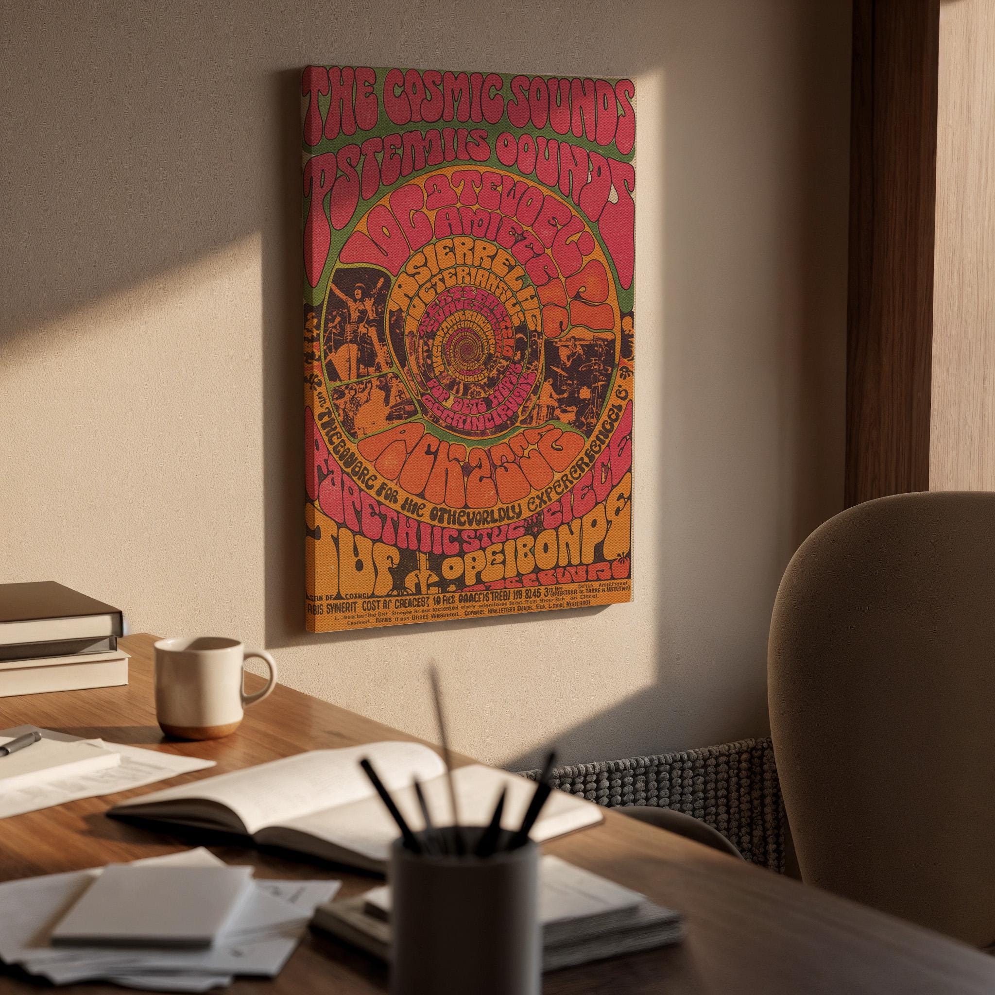 Psychedelic Music Poster Canvas Wall Art, 60s Trippy Festival Print, Framed Retro Decor for Teen Room, Studio Lounge or Music Corner