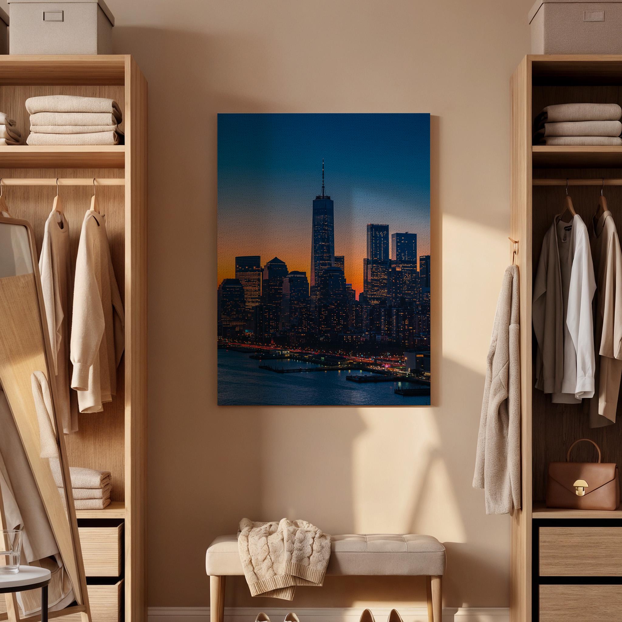 New York City Skyline Canvas Wall Art, Sunset Cityscape Print with Skyscrapers, Framed Modern Urban Decor for Living Room or Office