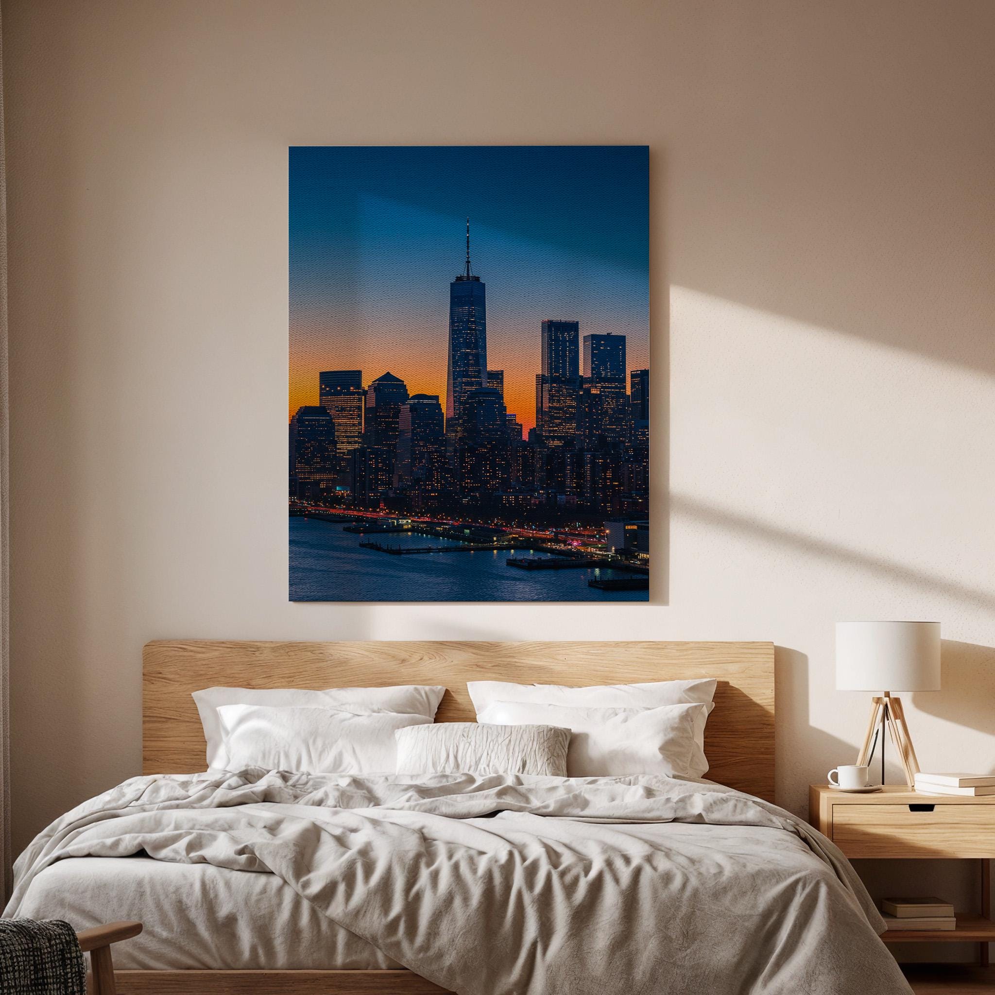 New York City Skyline Canvas Wall Art, Sunset Cityscape Print with Skyscrapers, Framed Modern Urban Decor for Living Room or Office