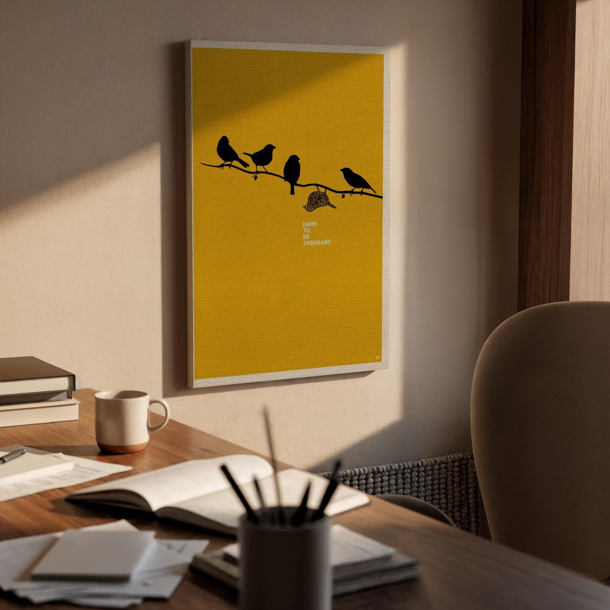 Bird Silhouette Canvas Wall Art, Minimal Yellow Print, Dare to Be Different Inspirational Decor, Framed Modern Artwork for Home or Office