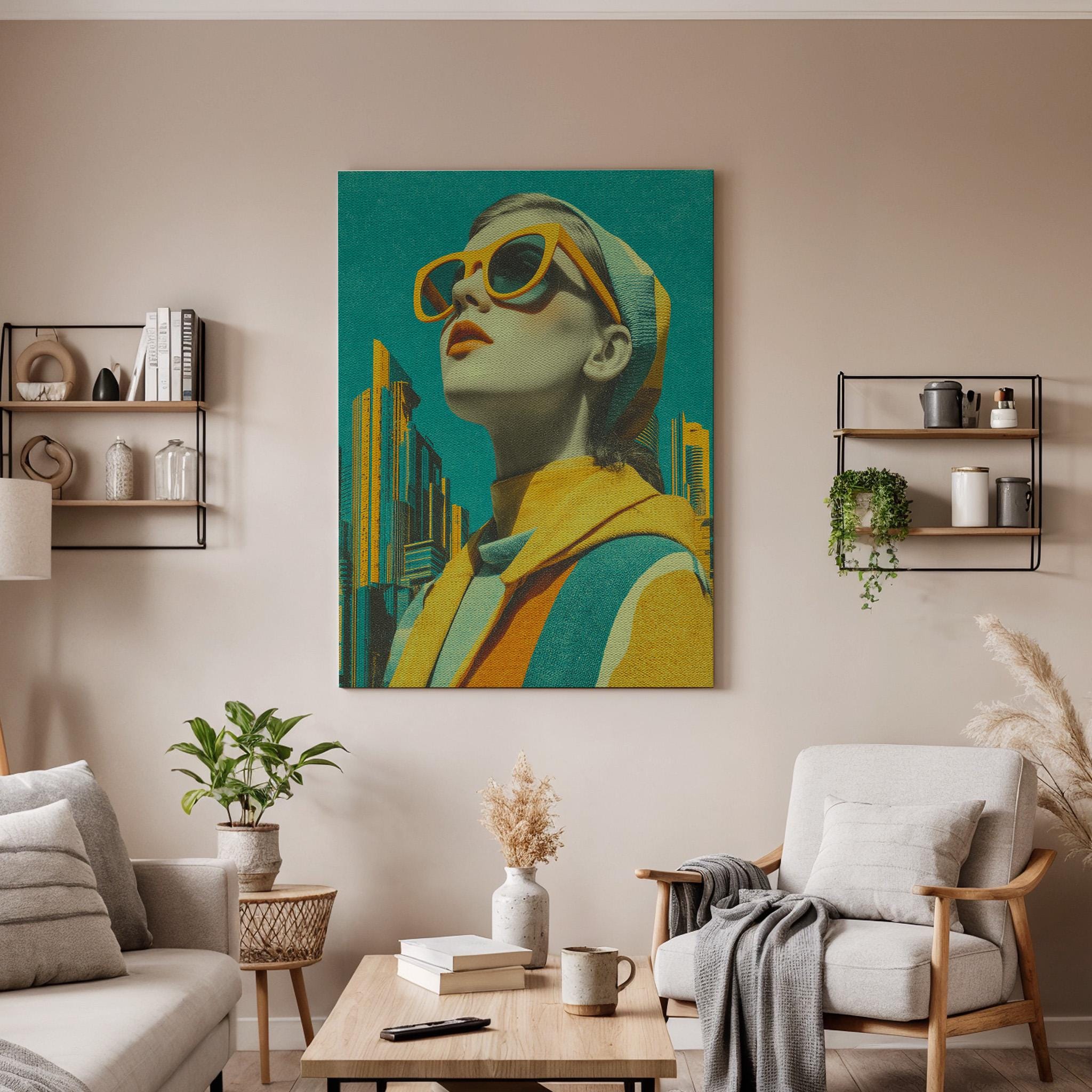 Retro Woman Pop Art Canvas, Modern Framed Cityscape Portrait
