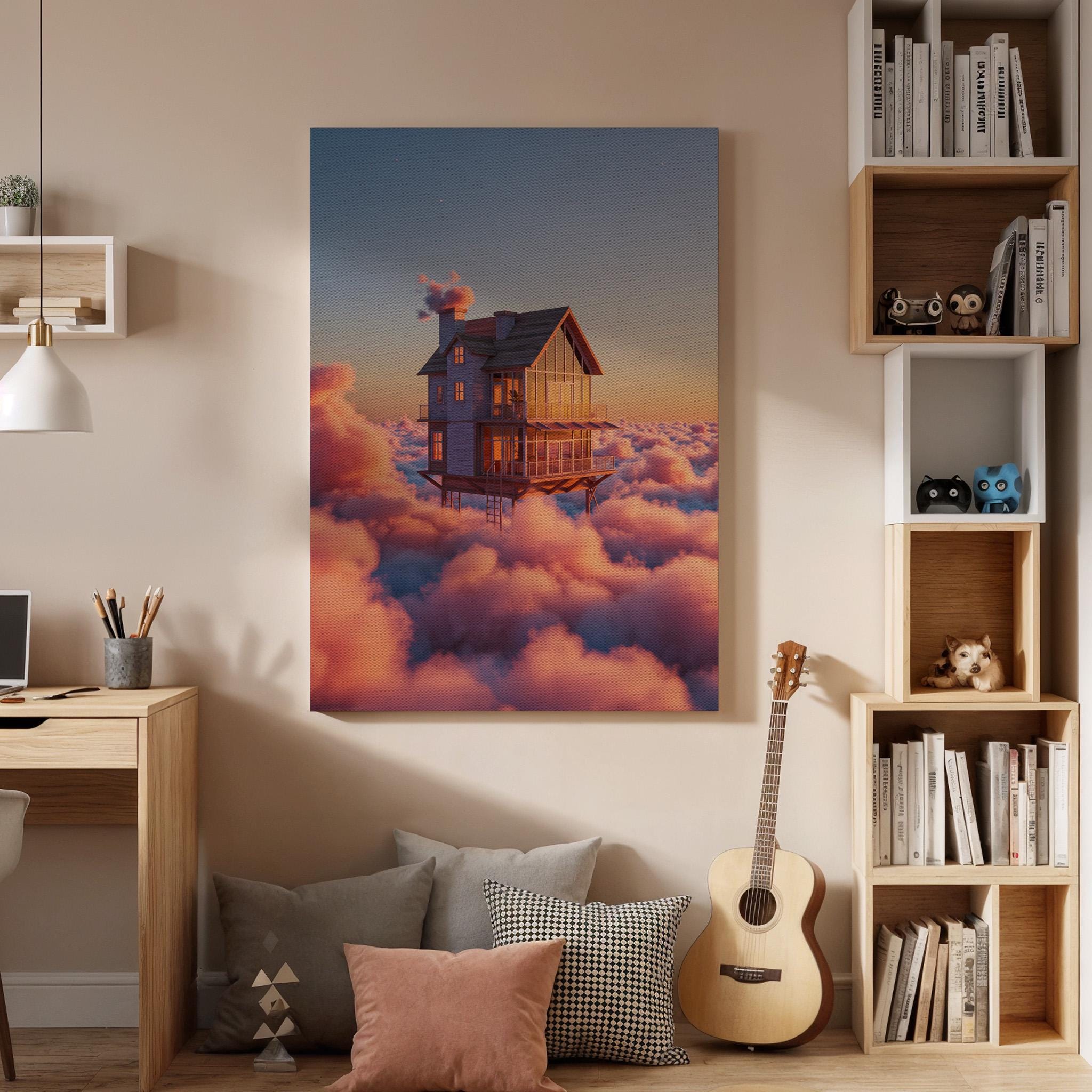 Floating House in Clouds Canvas Wall Art Framed, Dreamy Fantasy Sunset Print, Surreal Sky Home Decor for Bedroom, Meditation Space