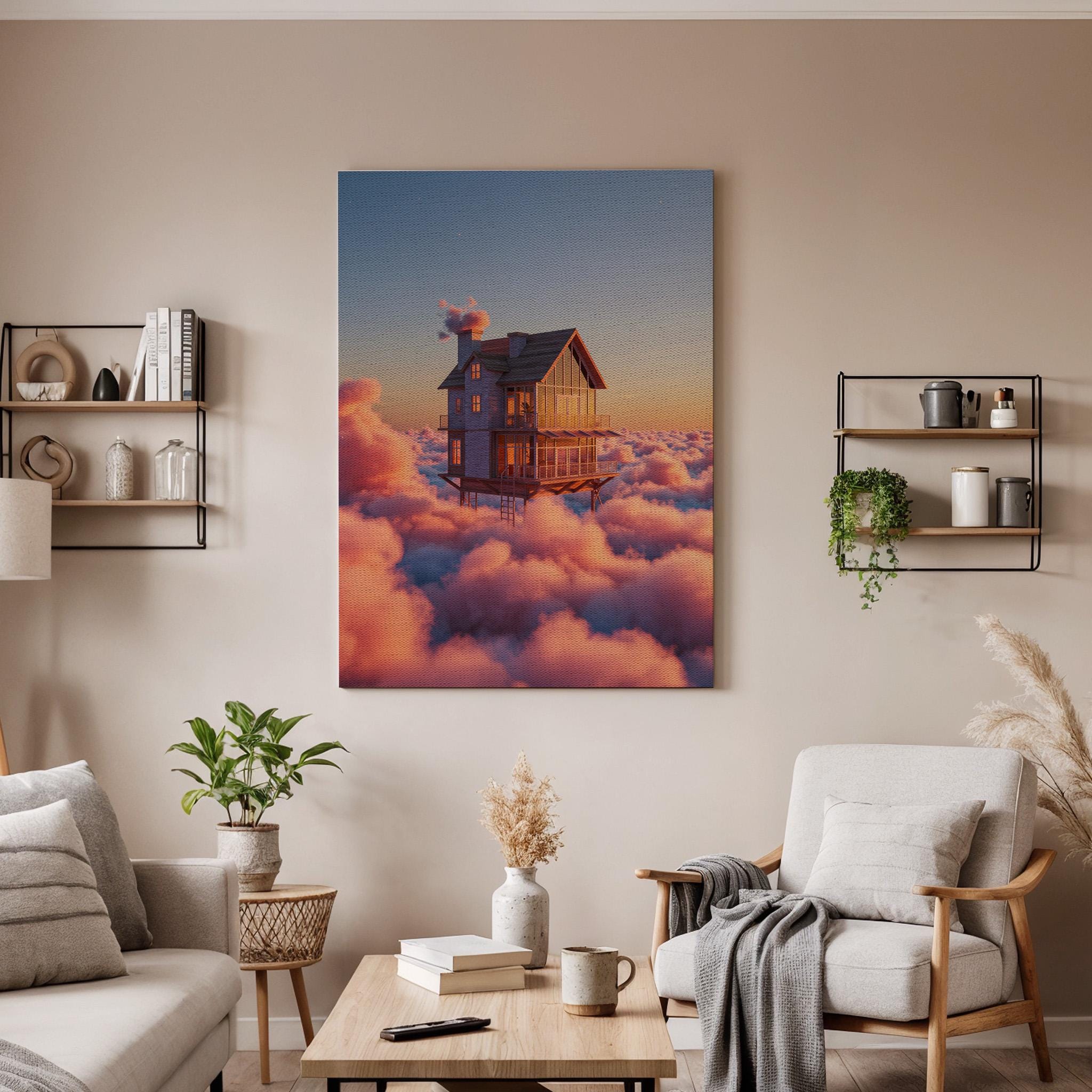 Floating House in Clouds Canvas Wall Art Framed, Dreamy Fantasy Sunset Print, Surreal Sky Home Decor for Bedroom, Meditation Space