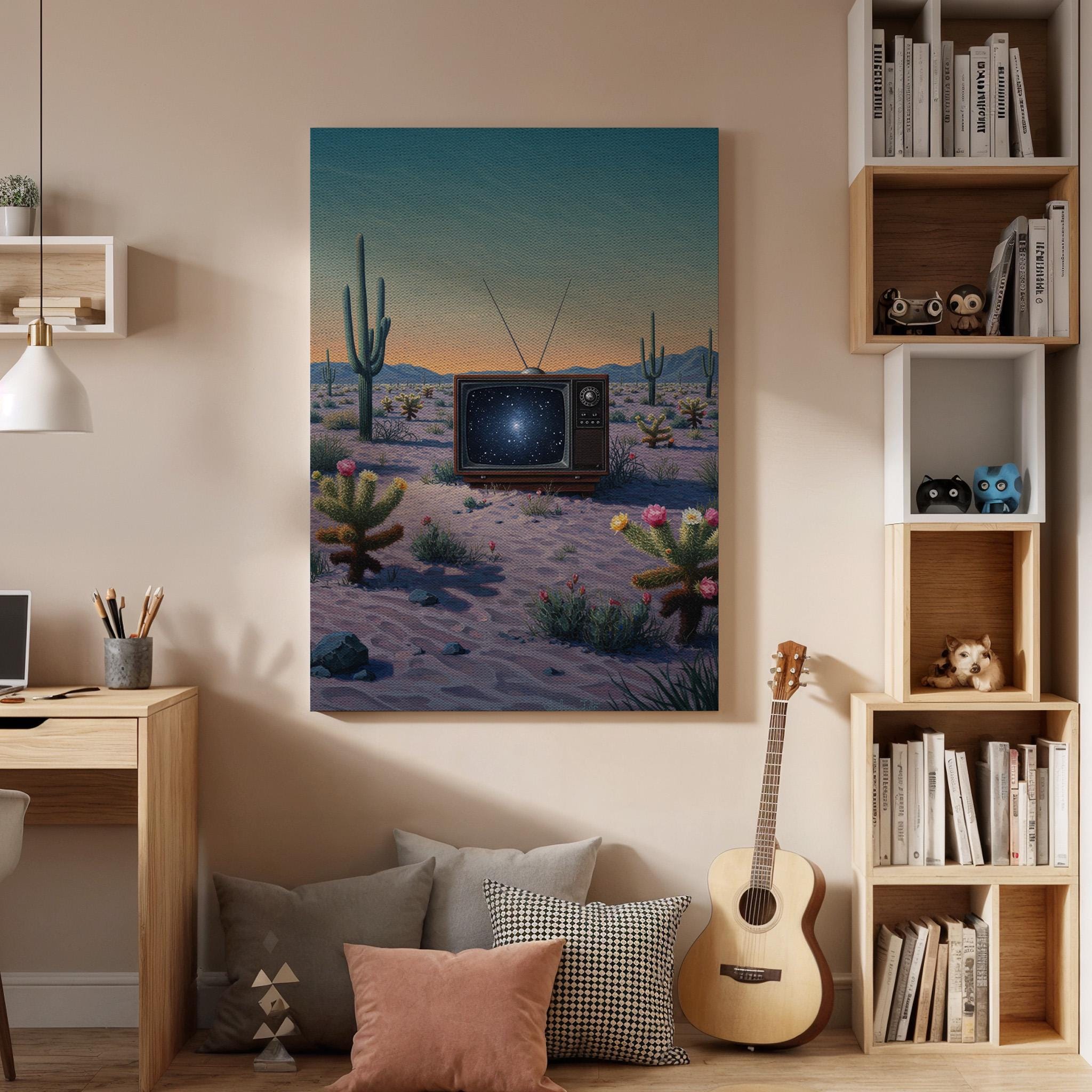 Surreal Desert Galaxy TV Canvas Wall Art, Framed Retro Sci Fi Artwork, Trippy Cactus Landscape Print for Modern Home, Studio or Bedroom