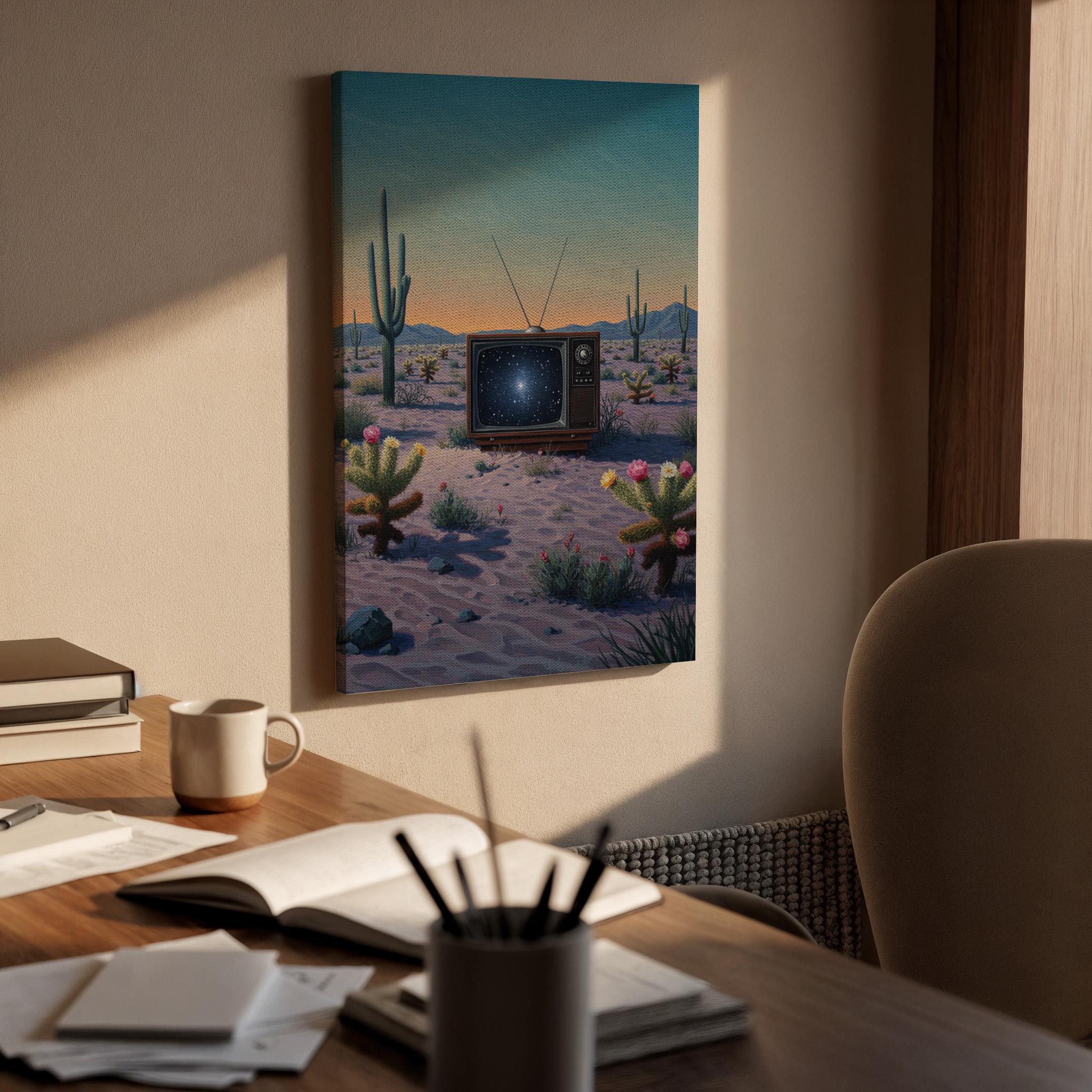 Surreal Desert Galaxy TV Canvas Wall Art, Framed Retro Sci Fi Artwork, Trippy Cactus Landscape Print for Modern Home, Studio or Bedroom