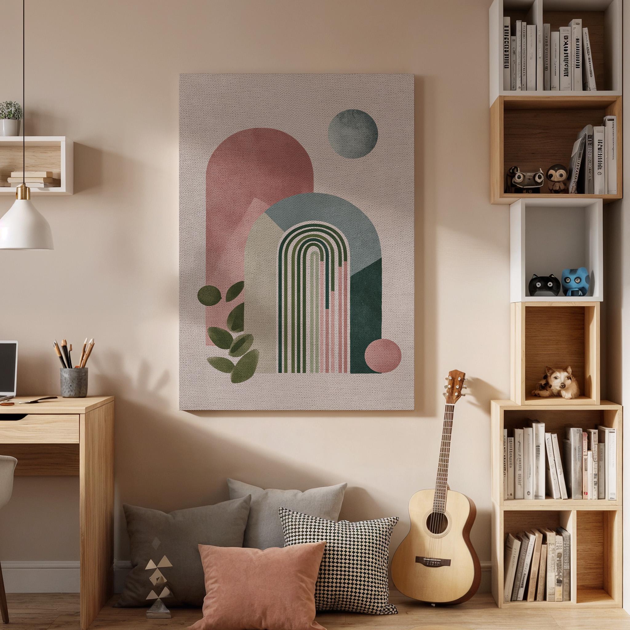 Geometric Abstract Canvas Wall Art, Minimal Rainbow Shapes Print, Modern Boho Framed Artwork, Mid Century Style Decor for Living Room