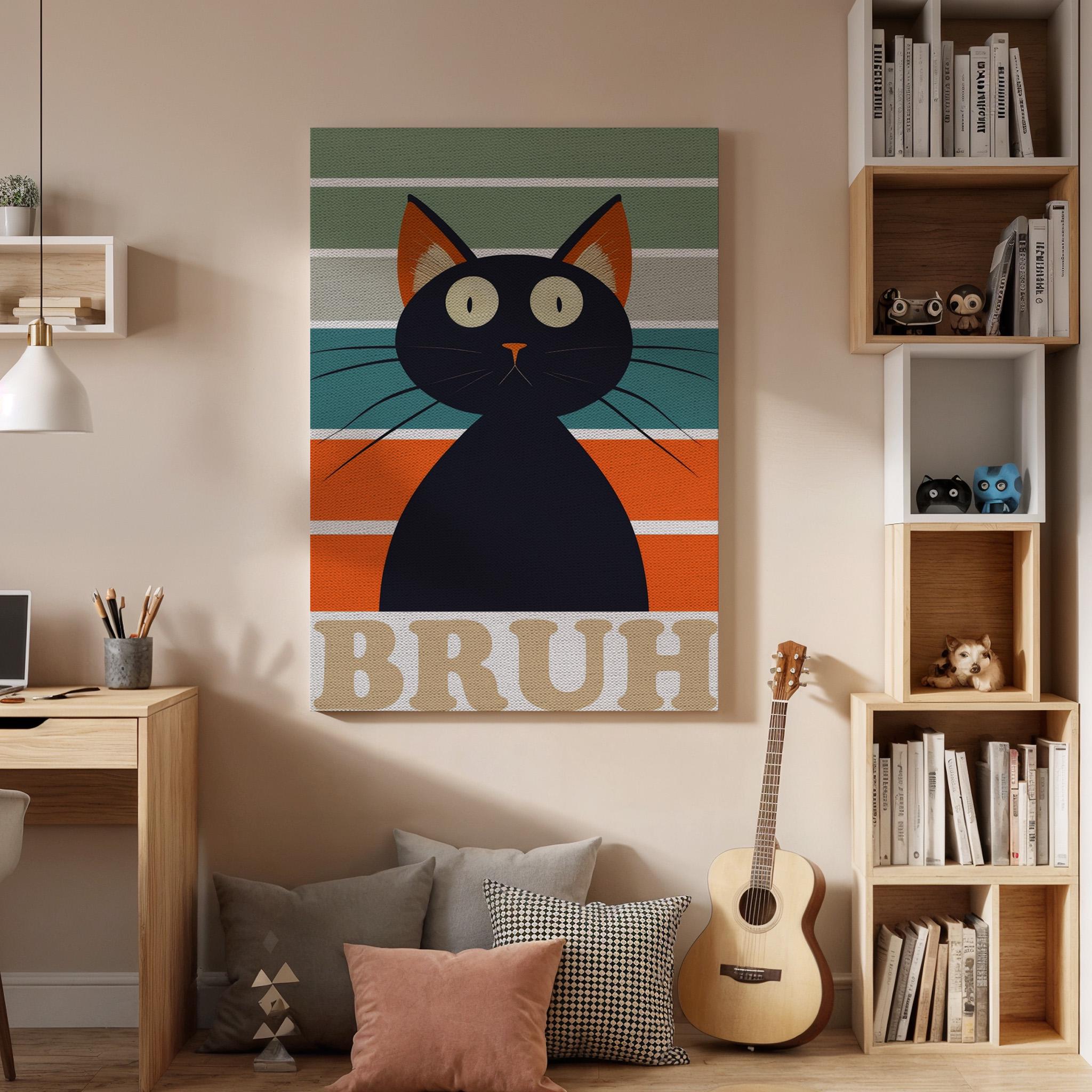 Funny Black Cat Canvas Wall Art Bruh Meme Print, Retro Striped Framed Cat Poster, Humorous Animal Artwork for Living Room or Teen Room