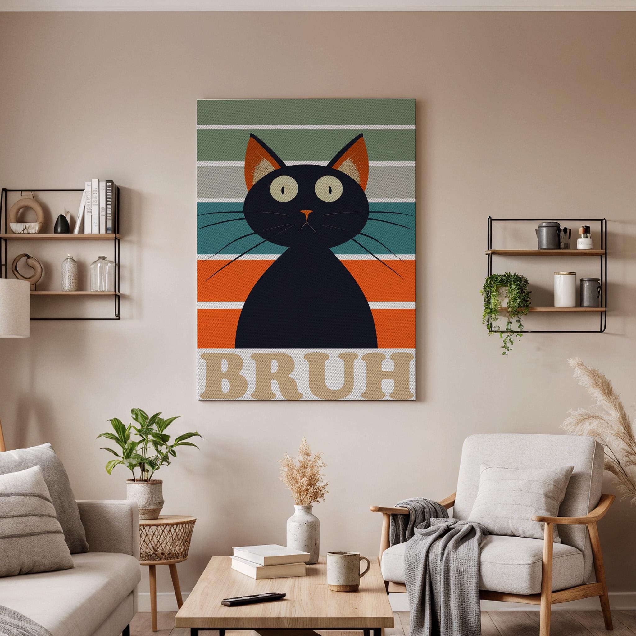 Funny Black Cat Canvas Wall Art Bruh Meme Print, Retro Striped Framed Cat Poster, Humorous Animal Artwork for Living Room or Teen Room