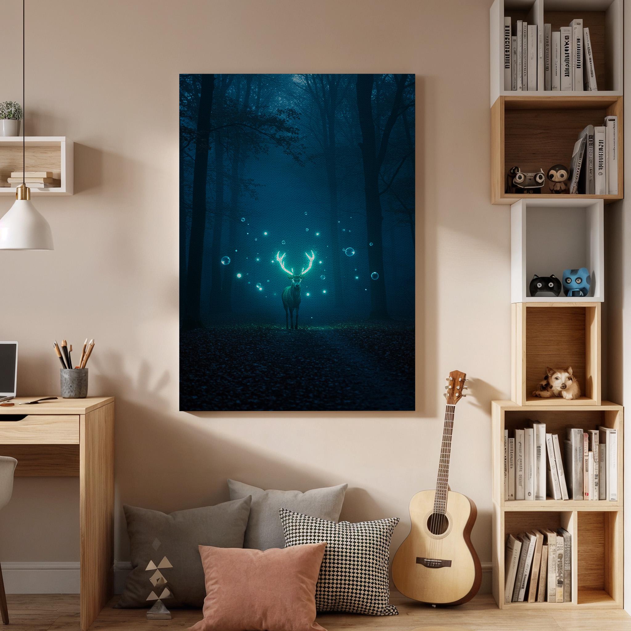 Mystical Deer Forest Canvas Wall Art, Glowing Antlers Fantasy Print, Framed Enchanted Night Scene Artwork for Bedroom, Living Room or Studio