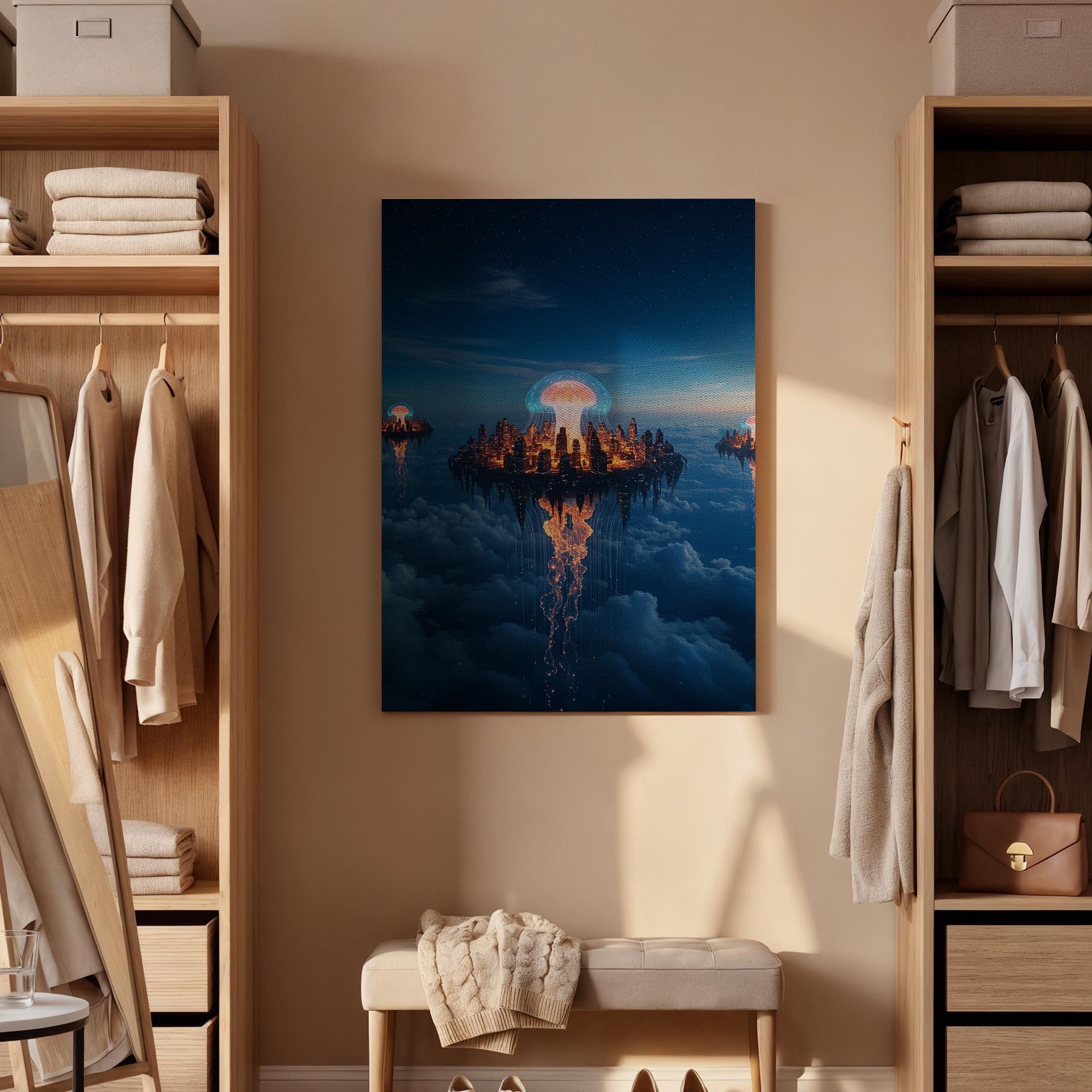 Floating City Sci Fi Canvas Wall Art, Glowing Futuristic Landscape Print, Framed Fantasy Sky Island Decor for Bedroom, Gaming Room or Office
