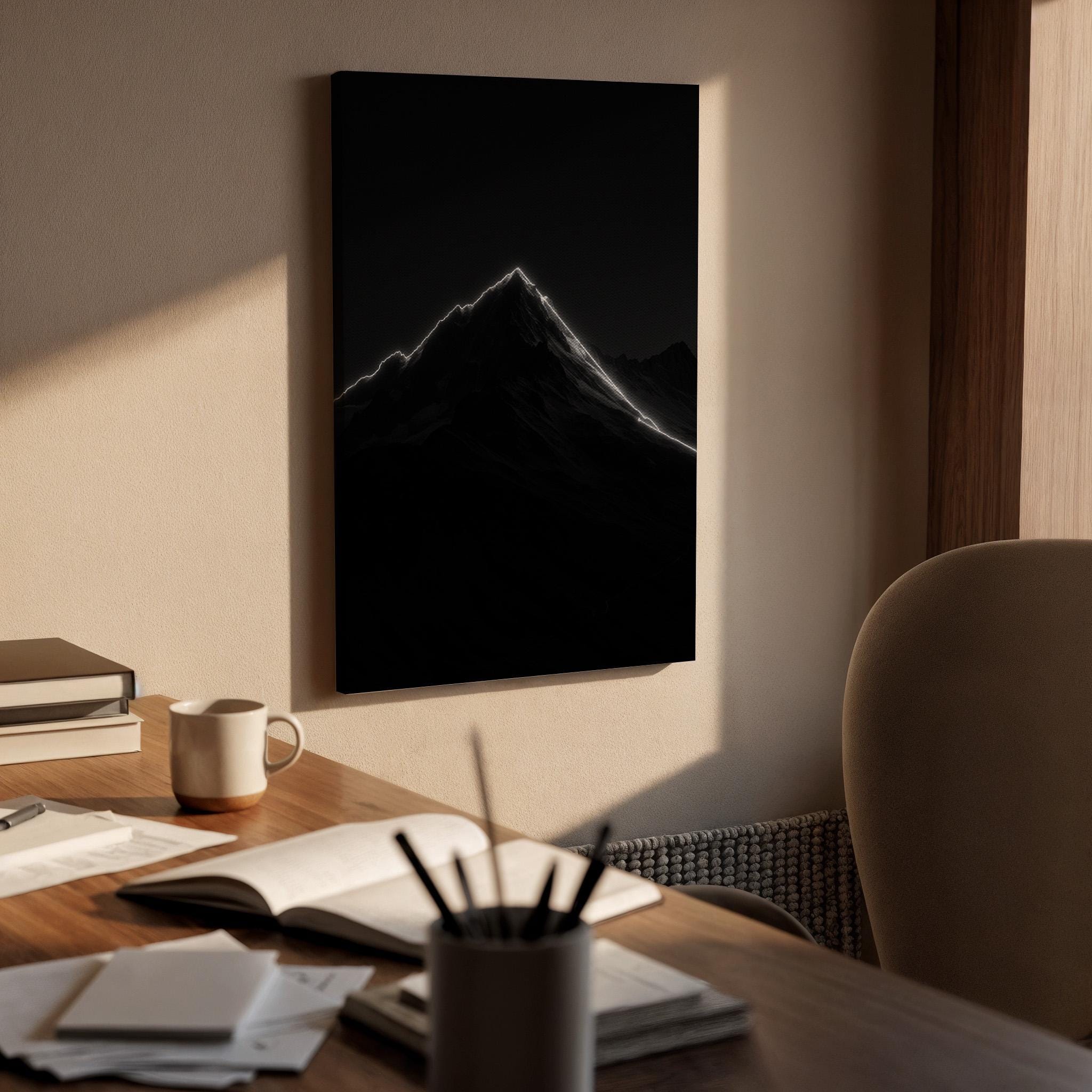 Minimal Dark Mountain Canvas Wall Art, Glowing Peak Silhouette Print, Framed Modern Black and White Nature Decor for Bedroom, Office