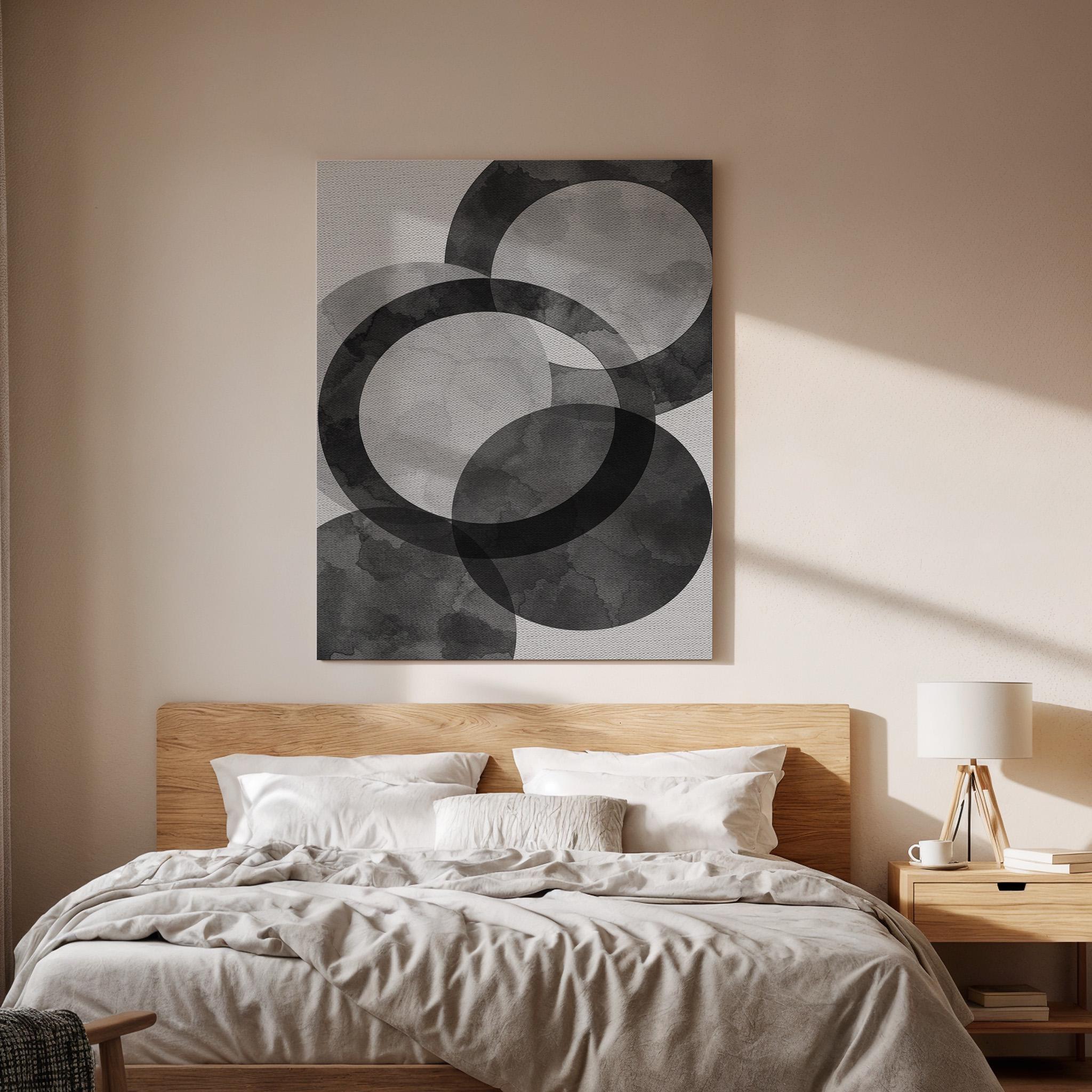 Abstract Black Gray Geometric Canvas Wall Art, Minimal Circle Print, Framed Neutral Contemporary Decor for Living Room, Bedroom or Office