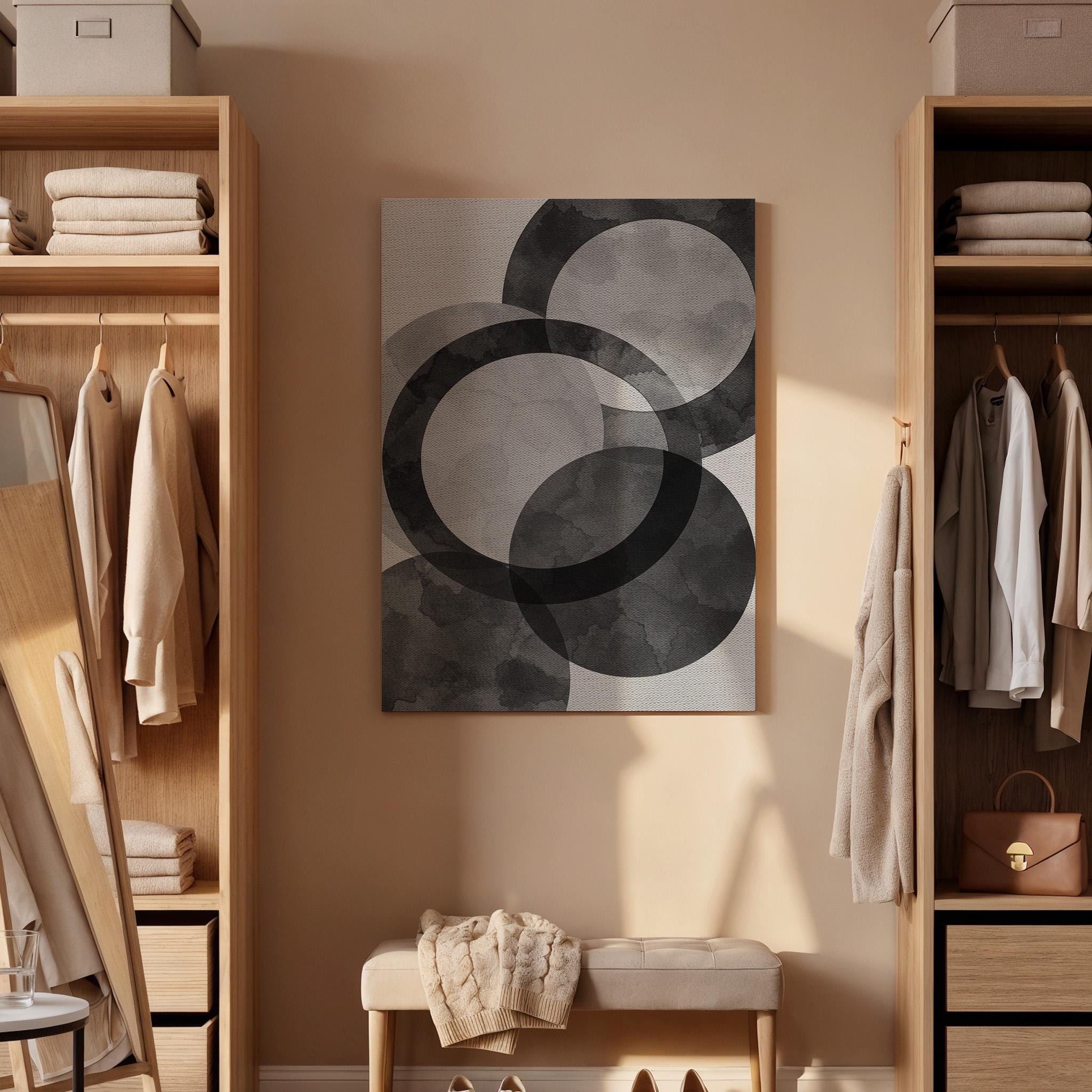 Abstract Black Gray Geometric Canvas Wall Art, Minimal Circle Print, Framed Neutral Contemporary Decor for Living Room, Bedroom or Office