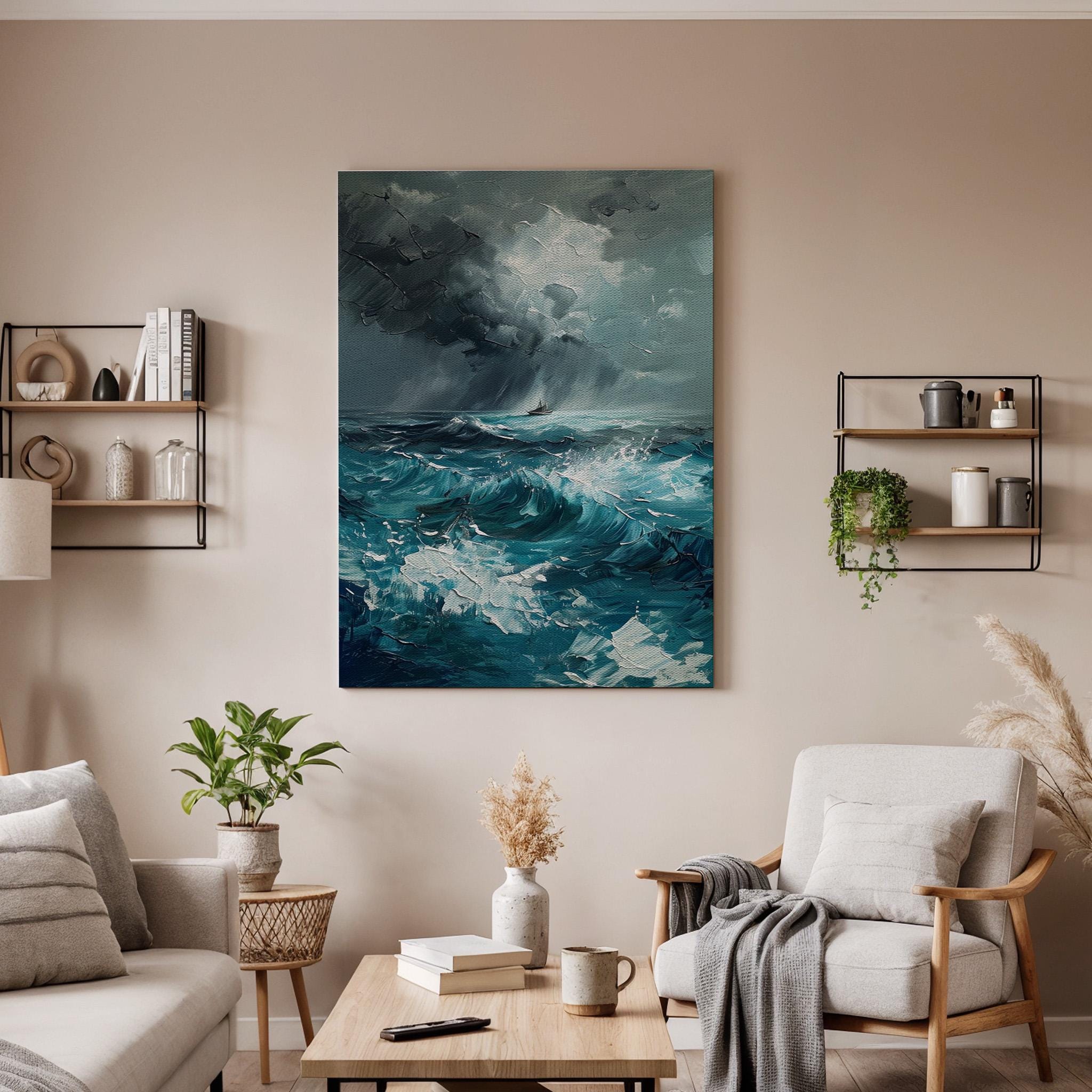 Stormy Ocean Canvas Wall Art, Abstract Seascape Painting Print, Turquoise Blue Waves Artwork, Framed Nautical Decor for Coastal Living Room