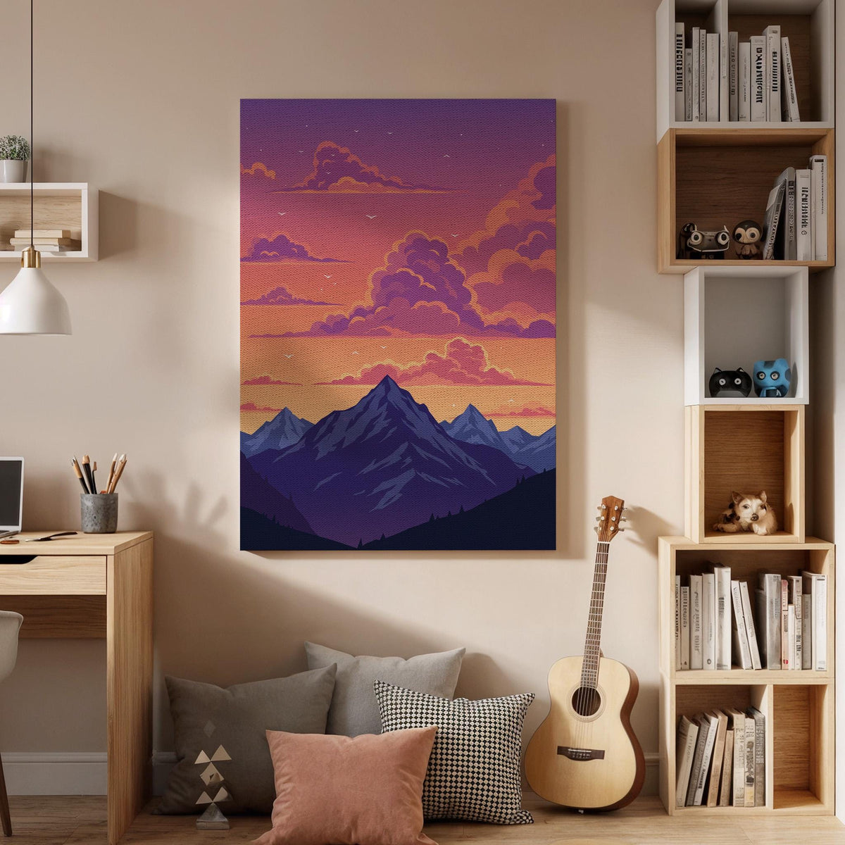 Mountain Sunset Canvas Wall Art, Purple and Orange Sky Print, Framed Nature Landscape Artwork, Modern Minimal Illustration for Bedroom