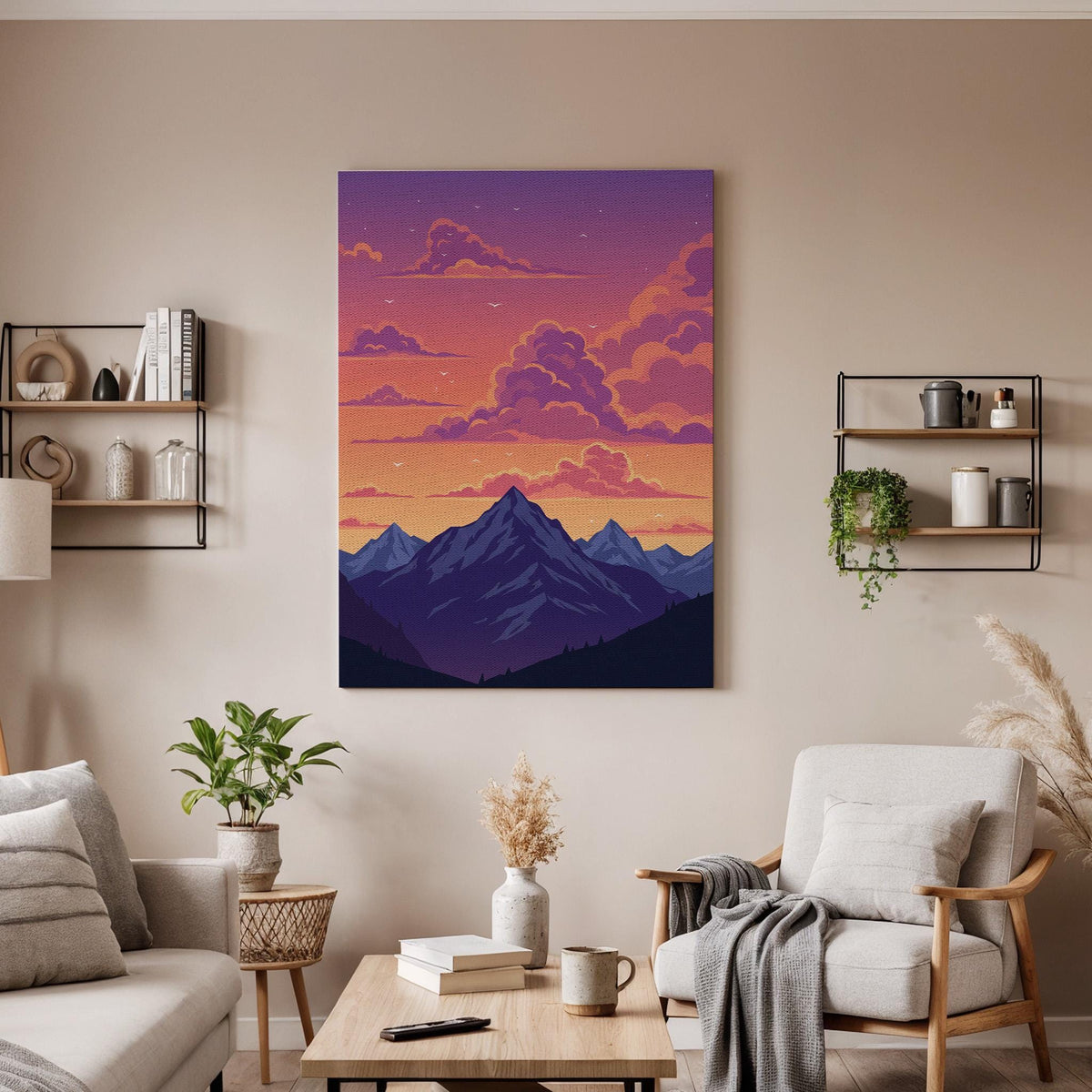 Mountain Sunset Canvas Wall Art, Purple and Orange Sky Print, Framed Nature Landscape Artwork, Modern Minimal Illustration for Bedroom