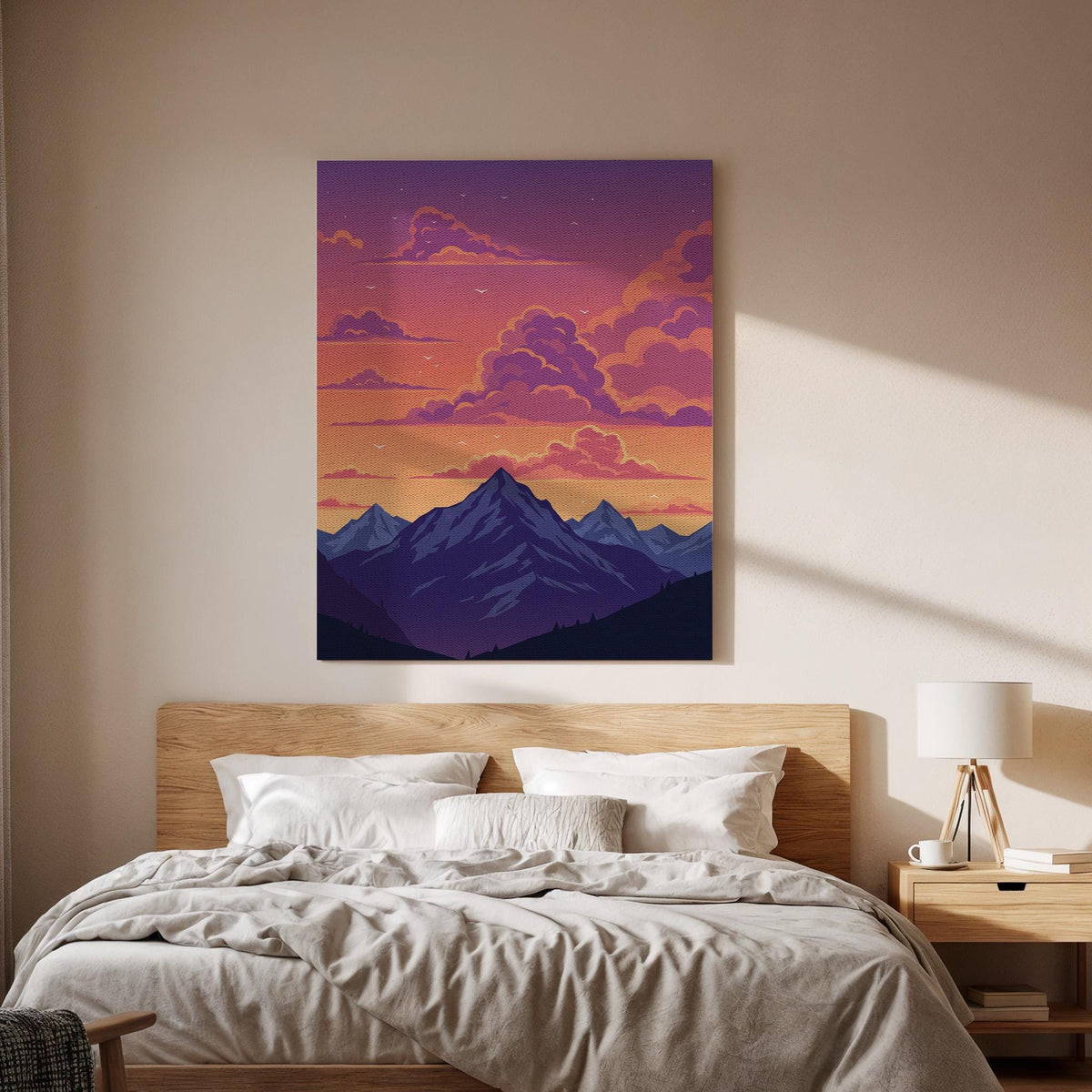 Mountain Sunset Canvas Wall Art, Purple and Orange Sky Print, Framed Nature Landscape Artwork, Modern Minimal Illustration for Bedroom