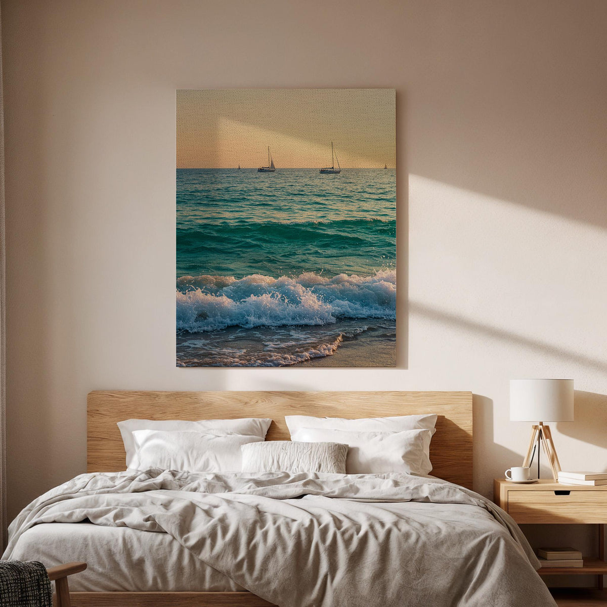 Ocean Waves Canvas Wall Art, Sunset Beach Print, Sailboat Seascape Photography, Framed Coastal Artwork for Living Room Bedroom or Office