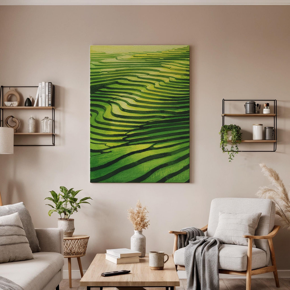 Green Rice Terrace Canvas Wall Art, Asian Landscape Print, Minimal Nature Lines Artwork, Framed Modern Abstract Decor for Living Room