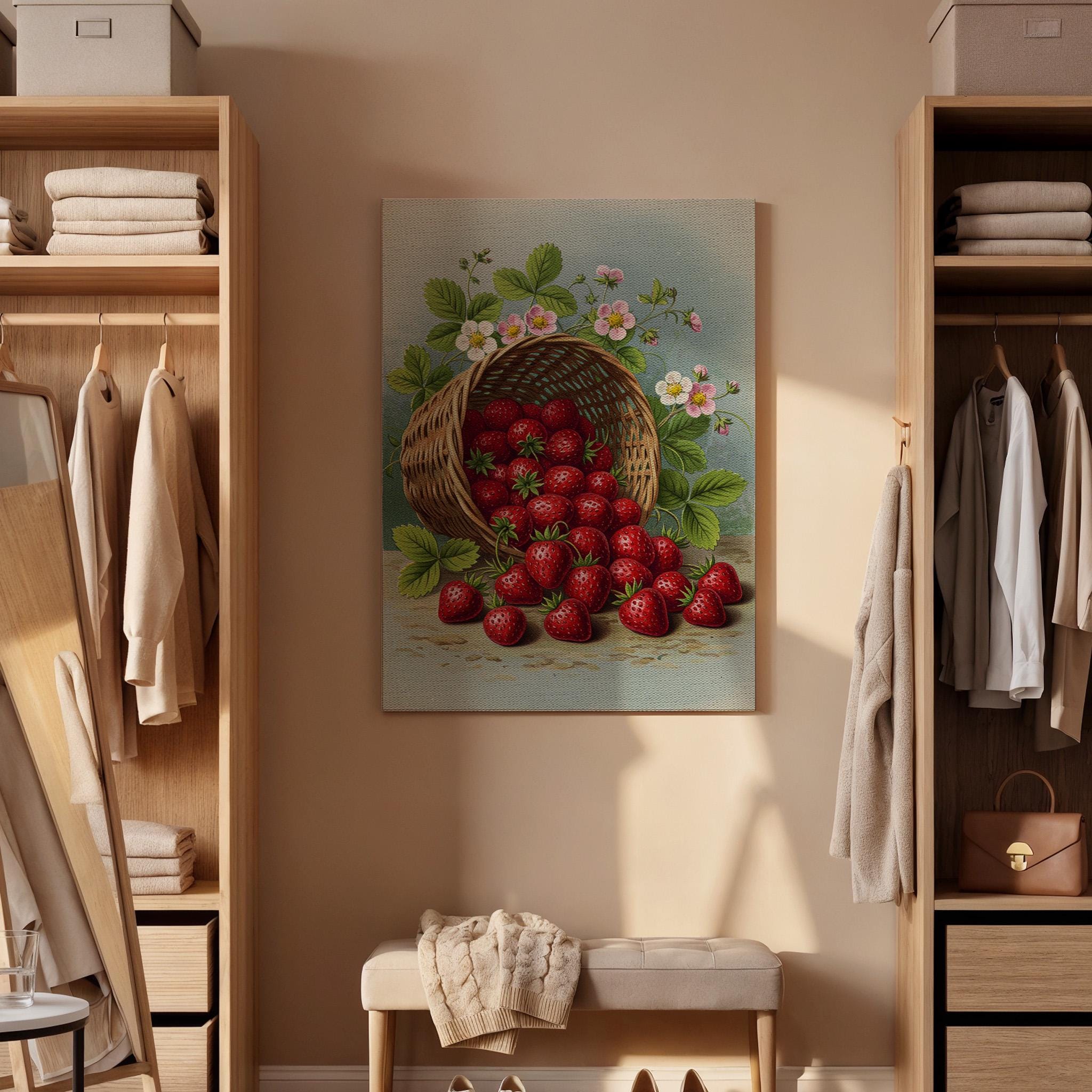 Strawberry Basket Canvas Wall Art, Rustic Kitchen Print, Fresh Fruit Illustration, Framed Country Artwork for Dining Room or Kitchen Decor