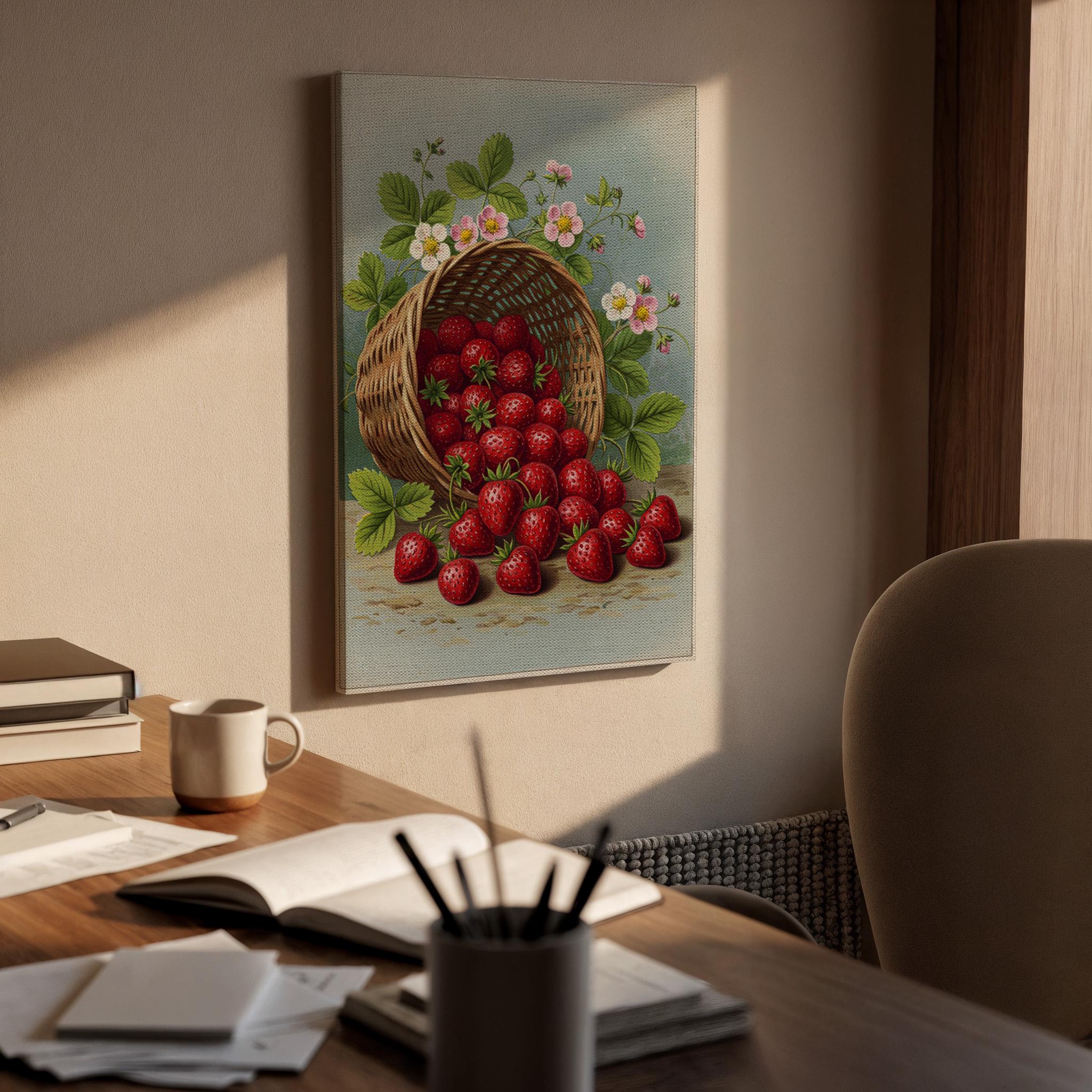 Strawberry Basket Canvas Wall Art, Rustic Kitchen Print, Fresh Fruit Illustration, Framed Country Artwork for Dining Room or Kitchen Decor