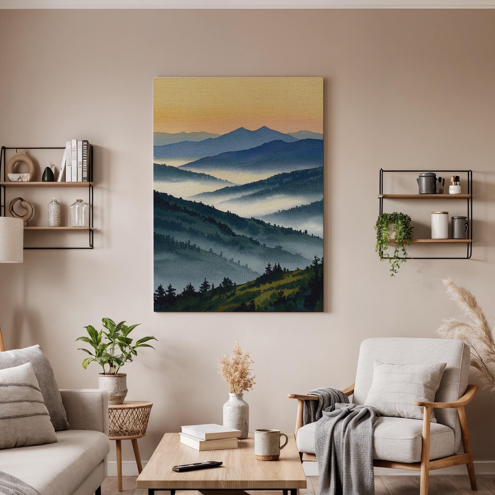 Misty Mountain Landscape Canvas Wall Art, Blue Green Nature Print, Framed Scenic Artwork for Living Room Bedroom or Office Wall Decoration