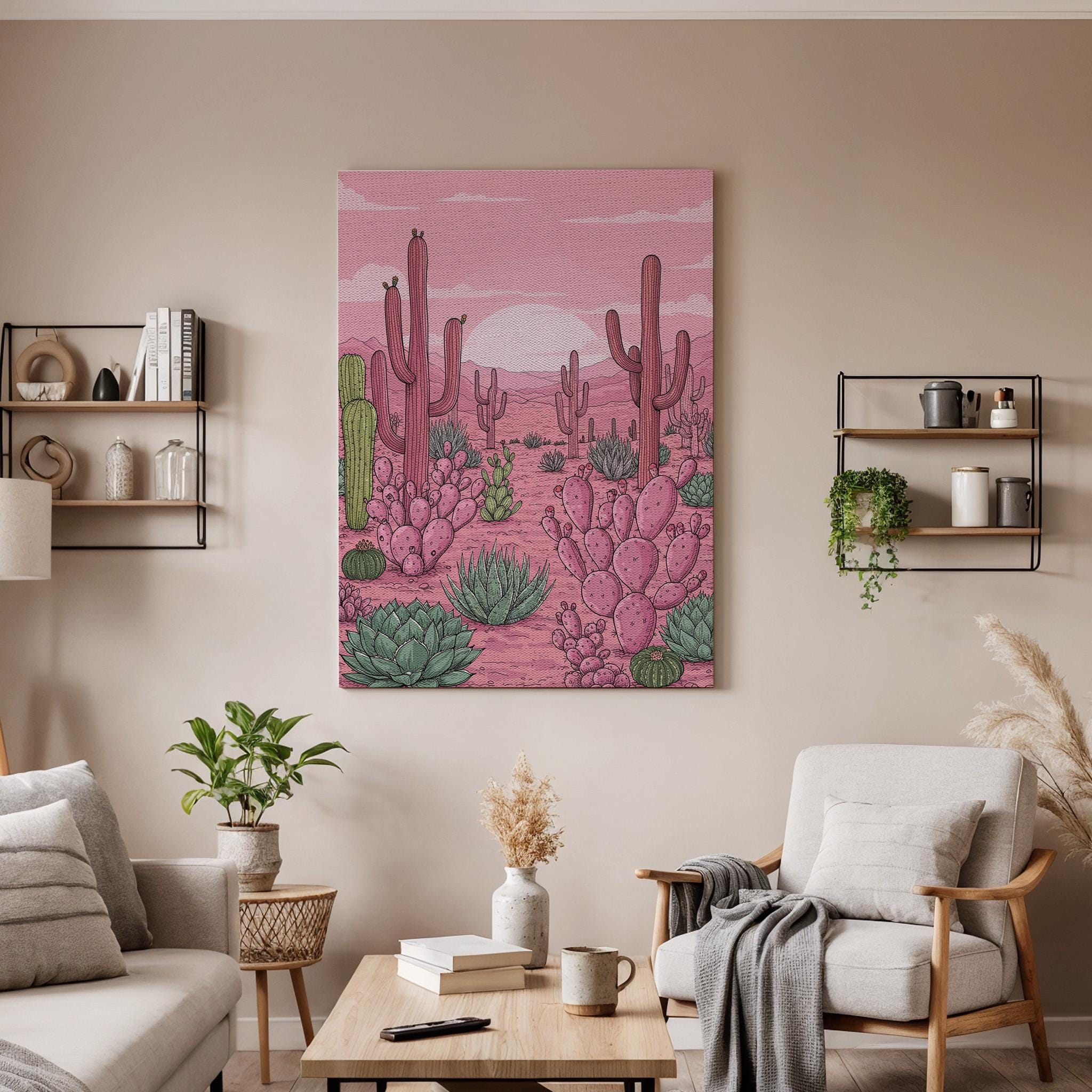 Pink Desert Cactus Canvas Wall Art, Succulent Landscape Print, Southwestern Nature Artwork Framed for Living Room Bedroom or Boho Home Decor